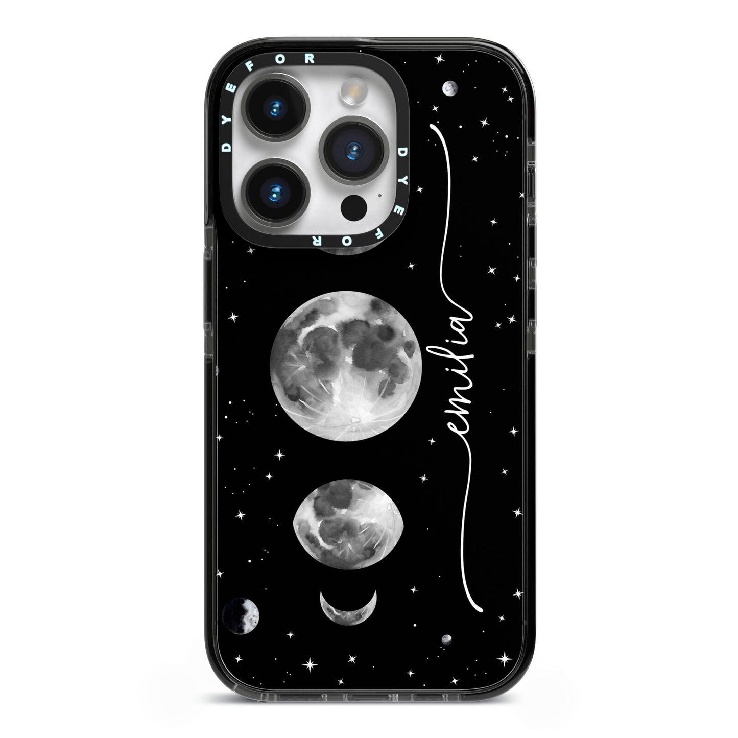 Moon Phases Personalised Name iPhone 14 Pro Black Impact Case on Silver phone