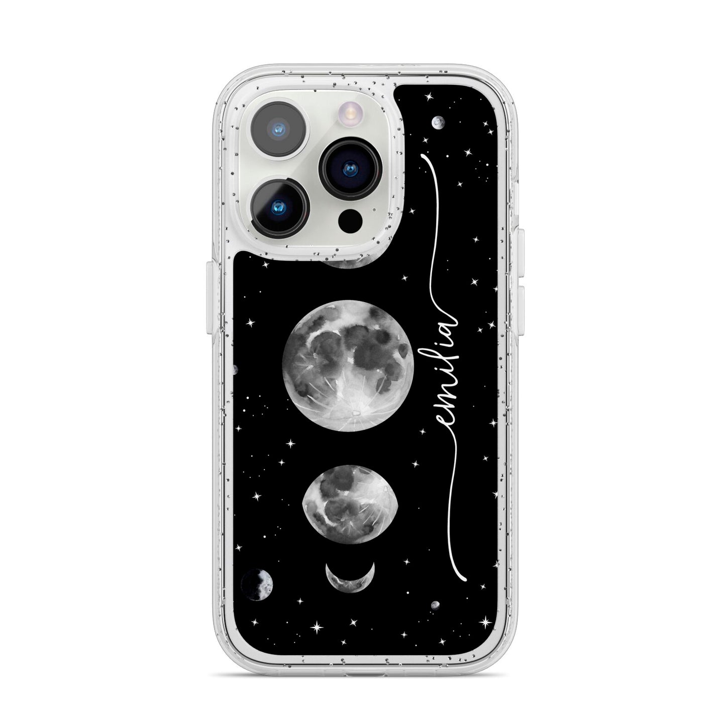 Moon Phases Personalised Name iPhone 14 Pro Glitter Tough Case Silver