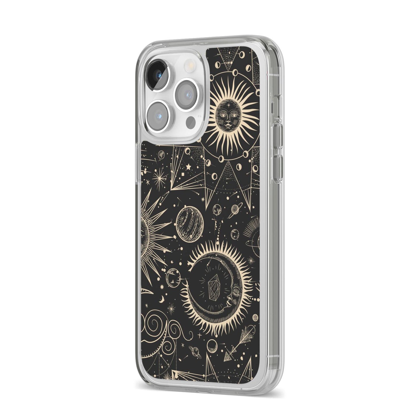 Moon Phases iPhone 14 Pro Max Clear Tough Case Silver Angled Image