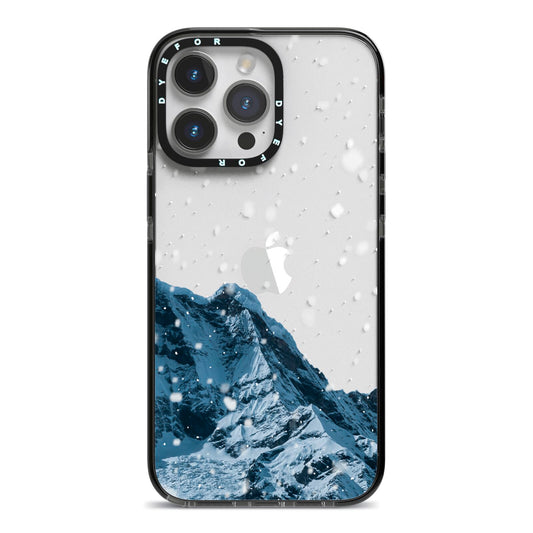 Mountain Snow Scene iPhone 14 Pro Max Black Impact Case on Silver phone
