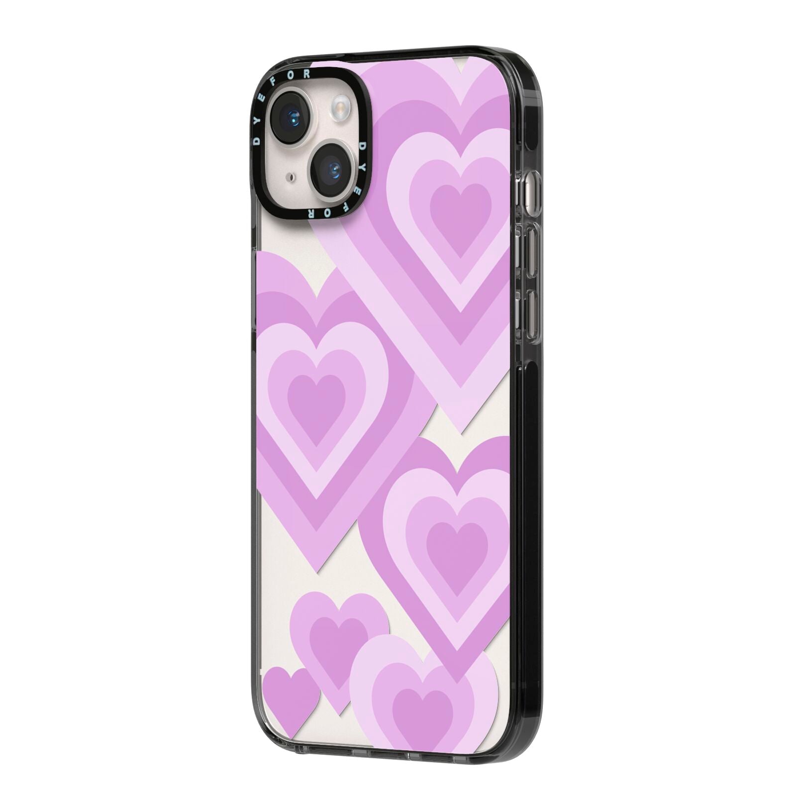 Multi Heart iPhone 14 Plus Black Impact Case Side Angle on Silver phone