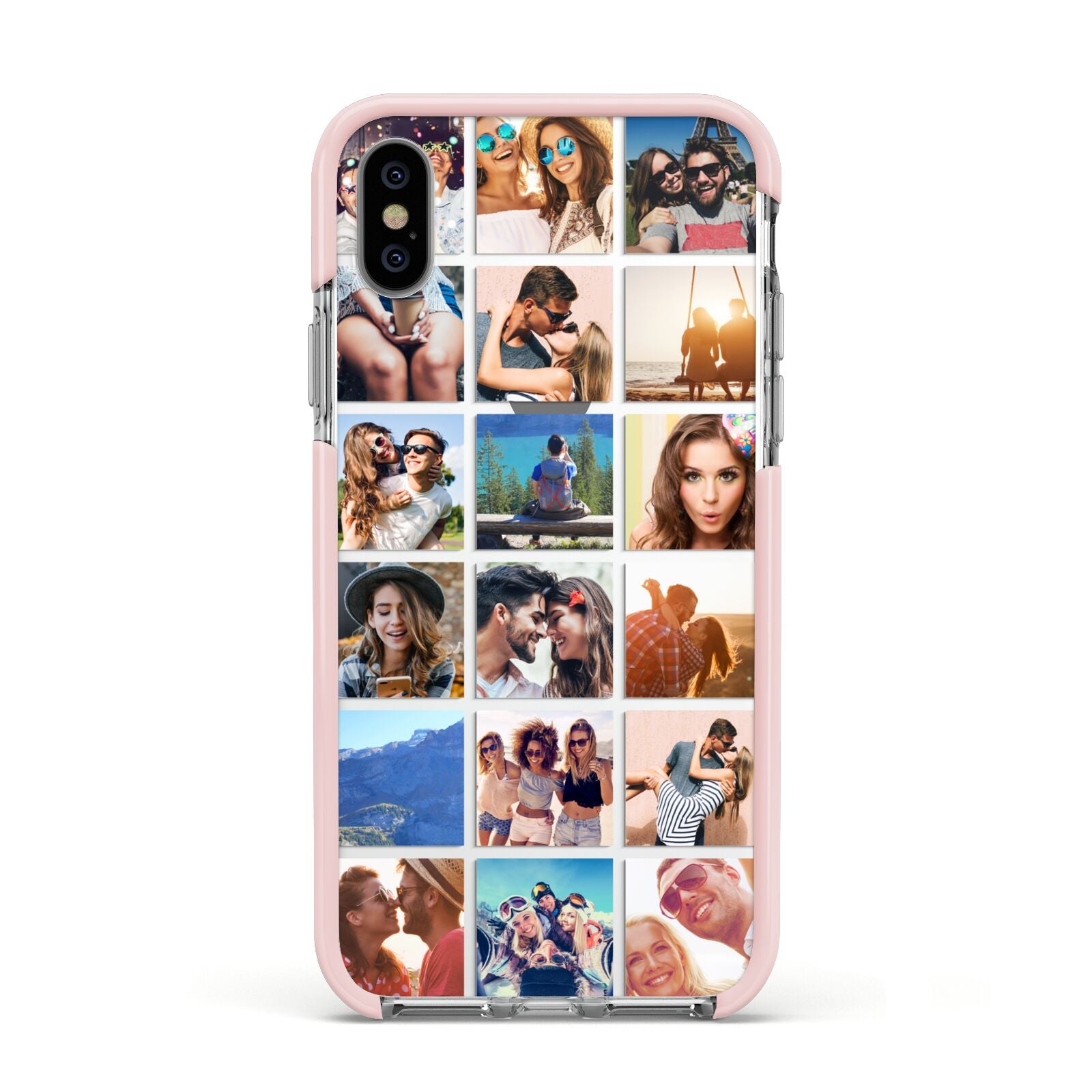 Multi Photo Collage Apple iPhone Xs Impact Case Pink Edge on Silver Phone