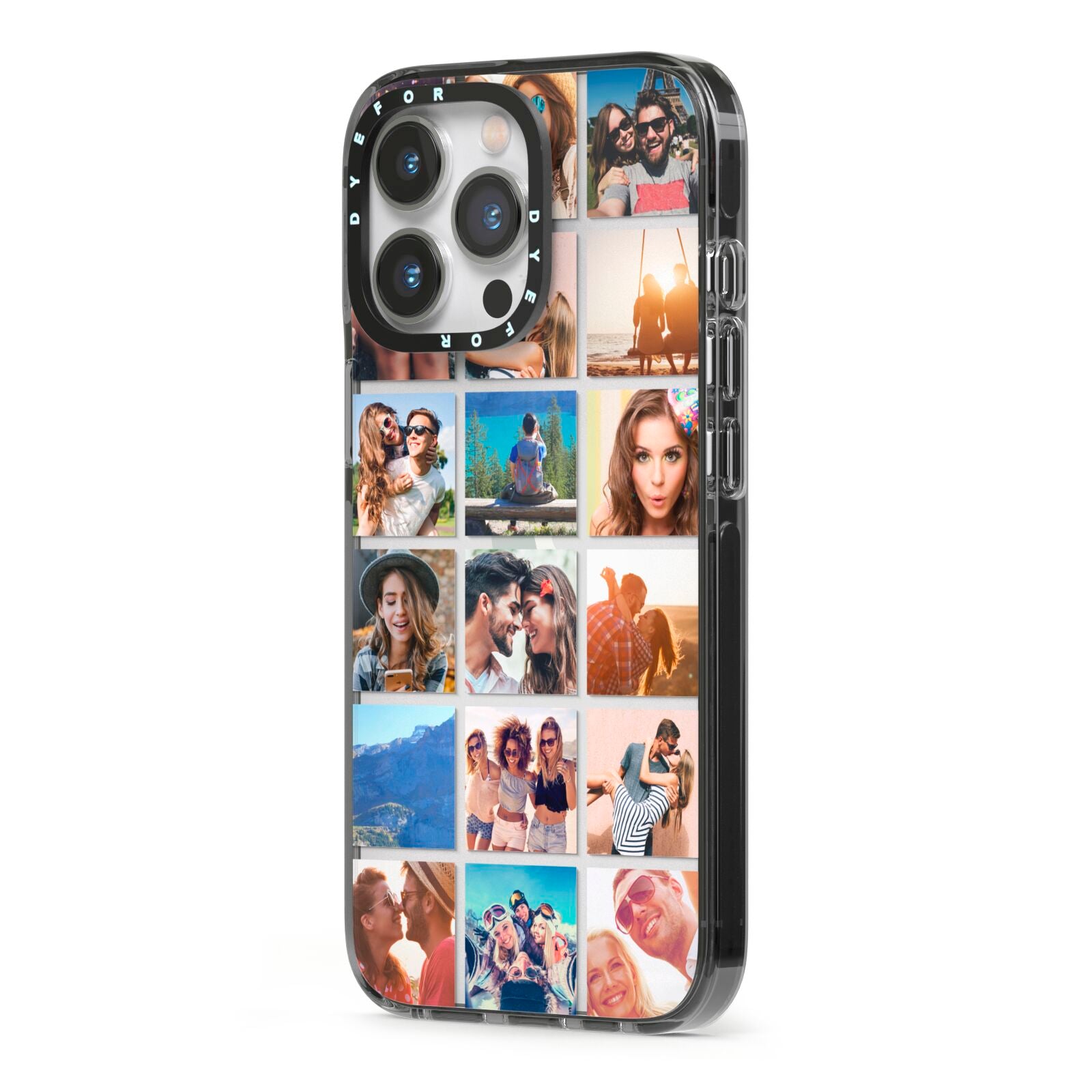 Multi Photo Collage iPhone 13 Pro Black Impact Case Side Angle on Silver phone