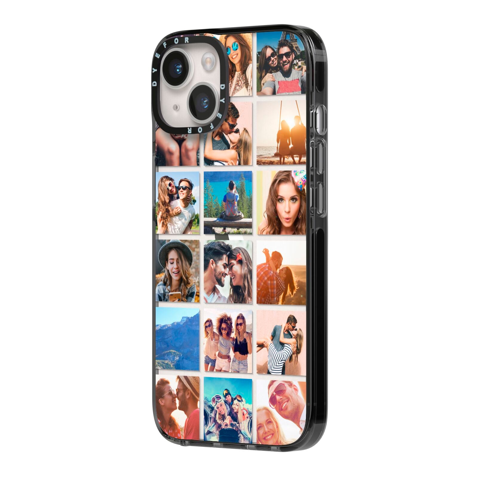 Multi Photo Collage iPhone 14 Black Impact Case Side Angle on Silver phone