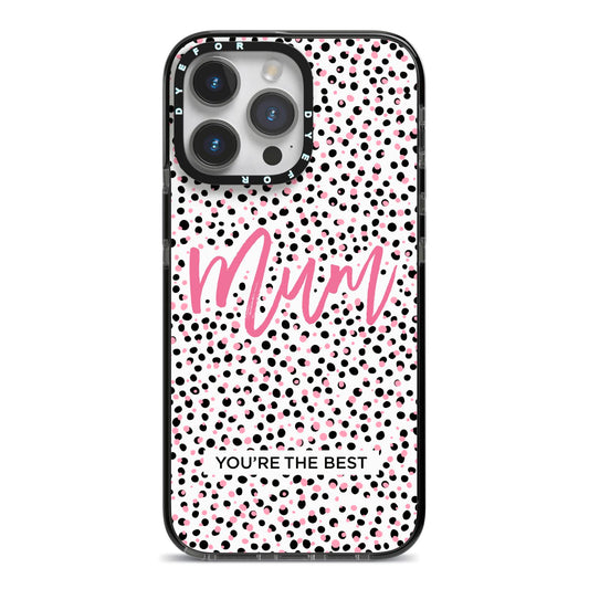Mum Polka Dots Mothers Day iPhone 14 Pro Max Black Impact Case on Silver phone