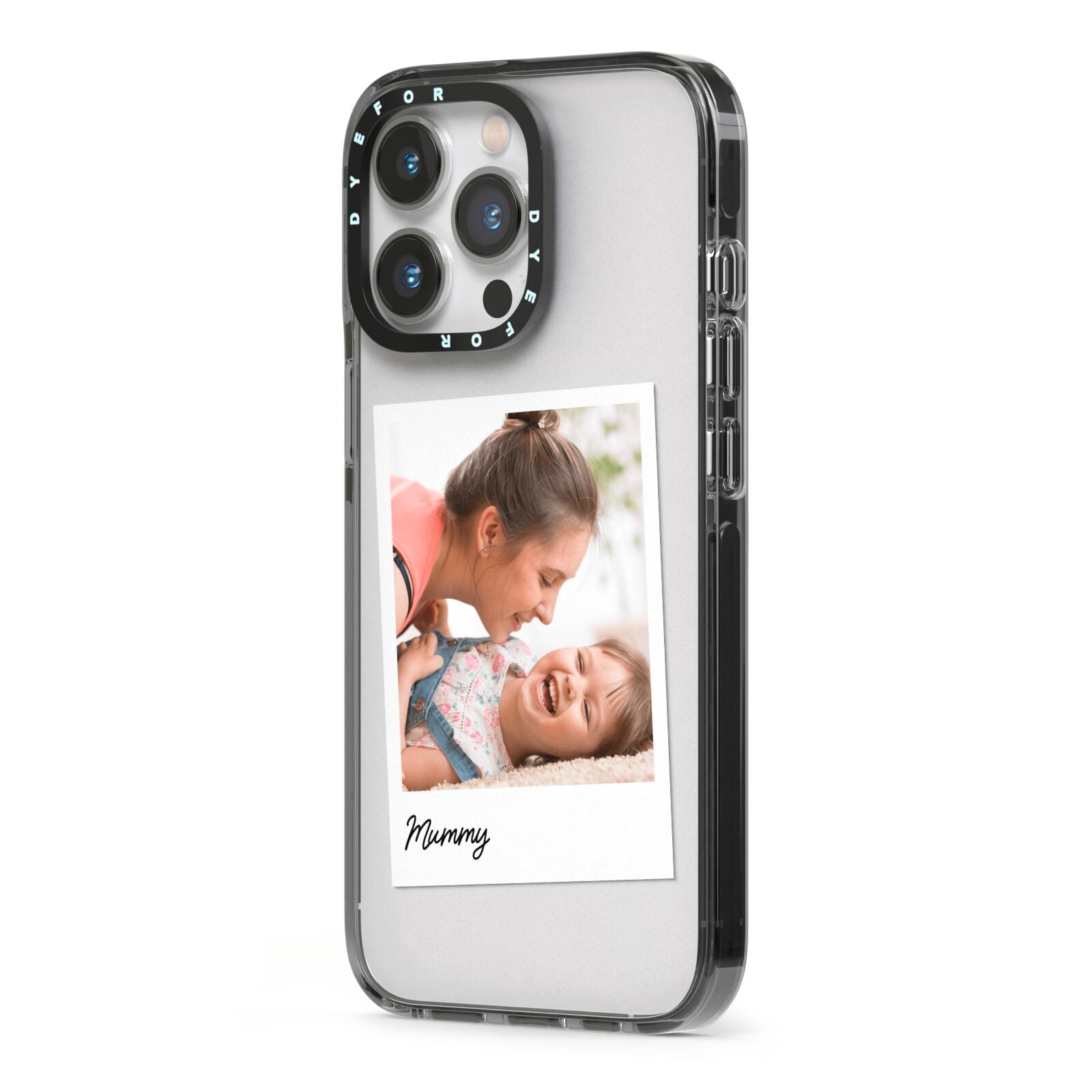 Mummy Photo iPhone 13 Pro Black Impact Case Side Angle on Silver phone