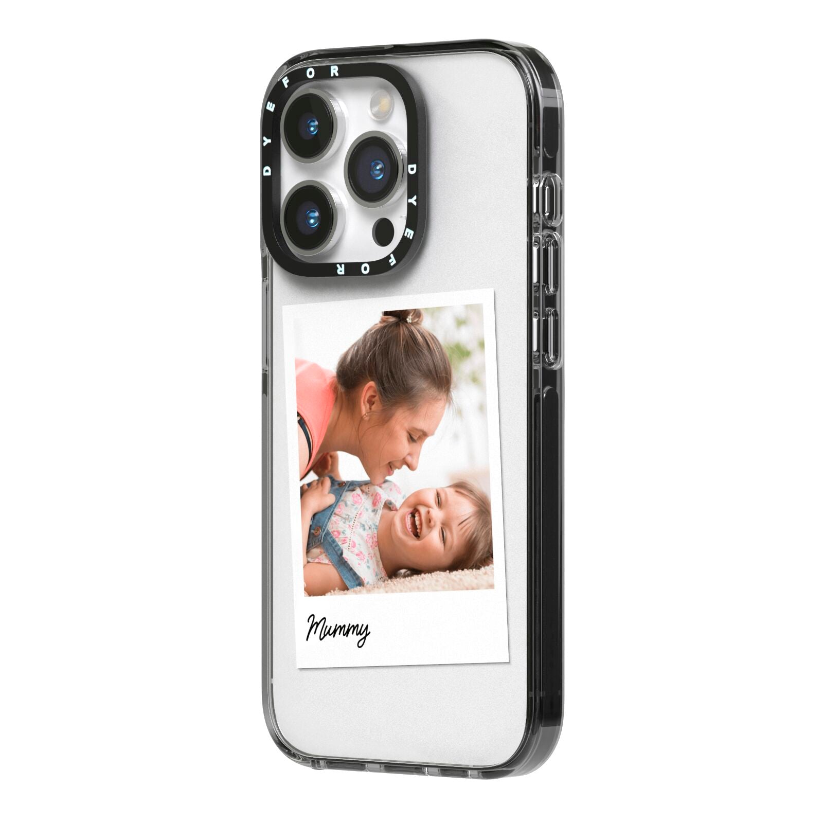 Mummy Photo iPhone 14 Pro Black Impact Case Side Angle on Silver phone