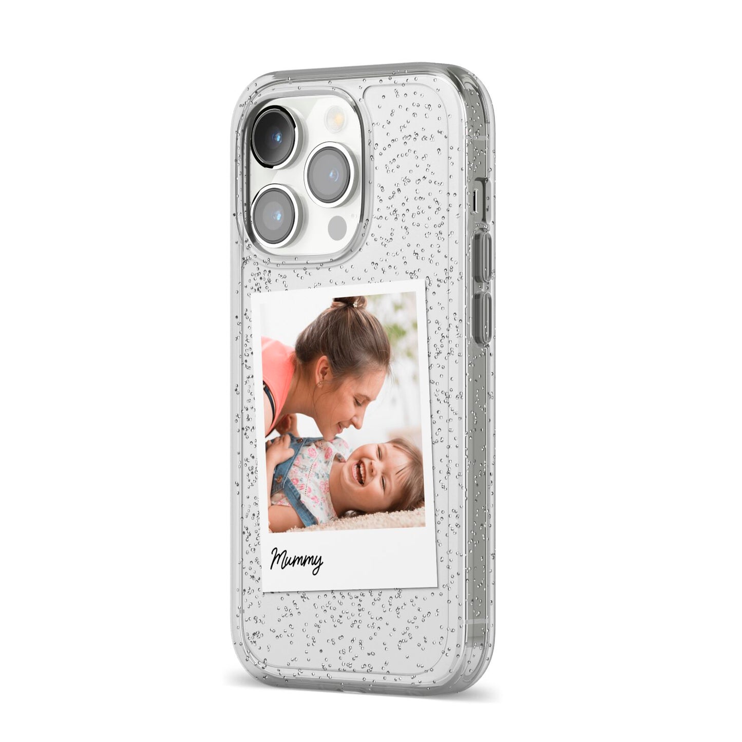 Mummy Photo iPhone 14 Pro Glitter Tough Case Silver Angled Image