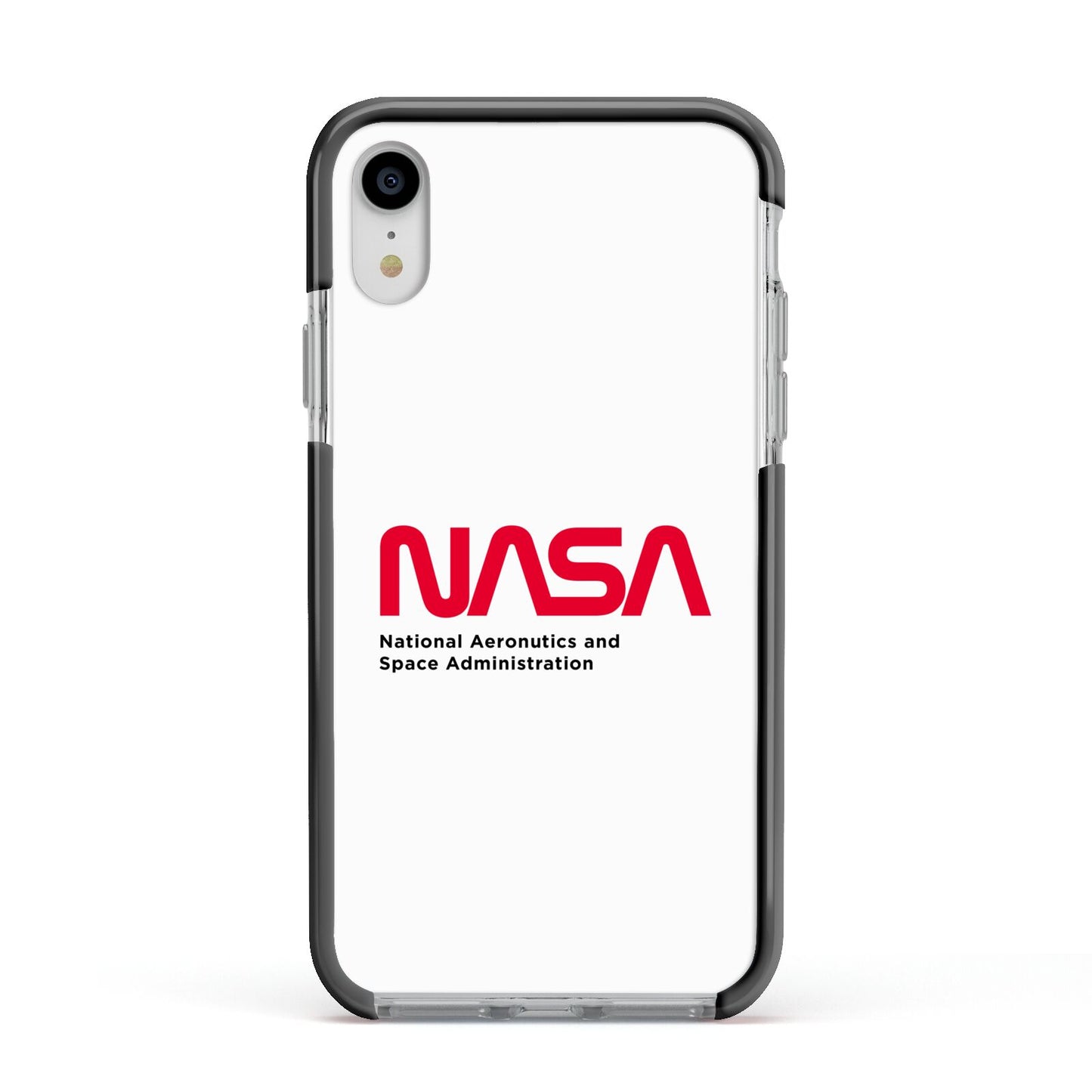 NASA The Worm Logo Apple iPhone XR Impact Case Black Edge on Silver Phone