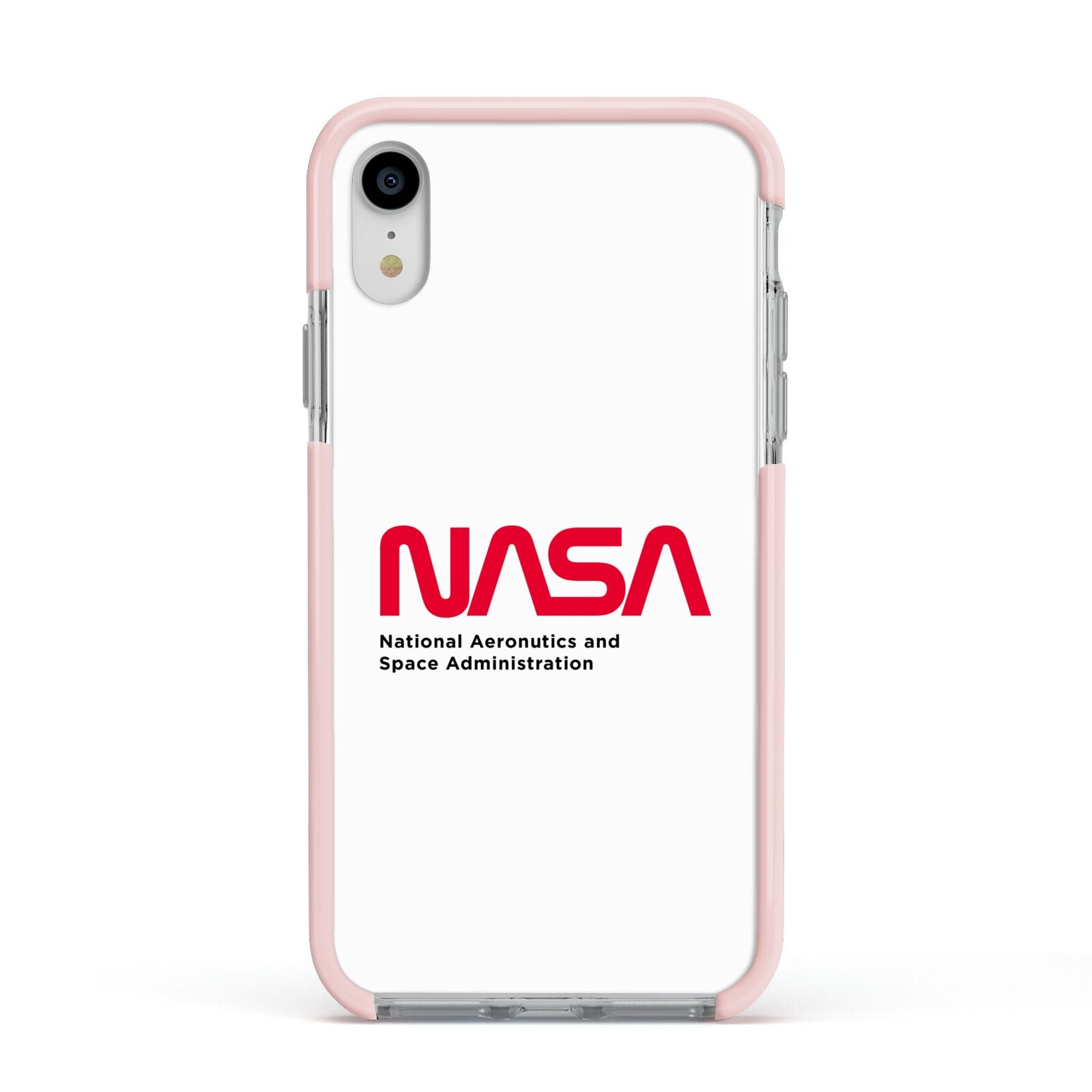 NASA The Worm Logo Apple iPhone XR Impact Case Pink Edge on Silver Phone
