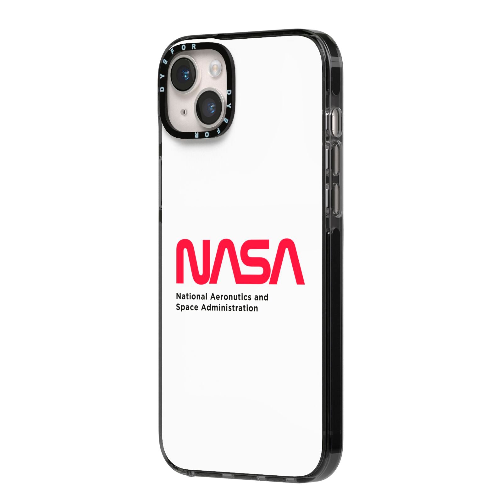 NASA The Worm Logo iPhone 14 Plus Black Impact Case Side Angle on Silver phone