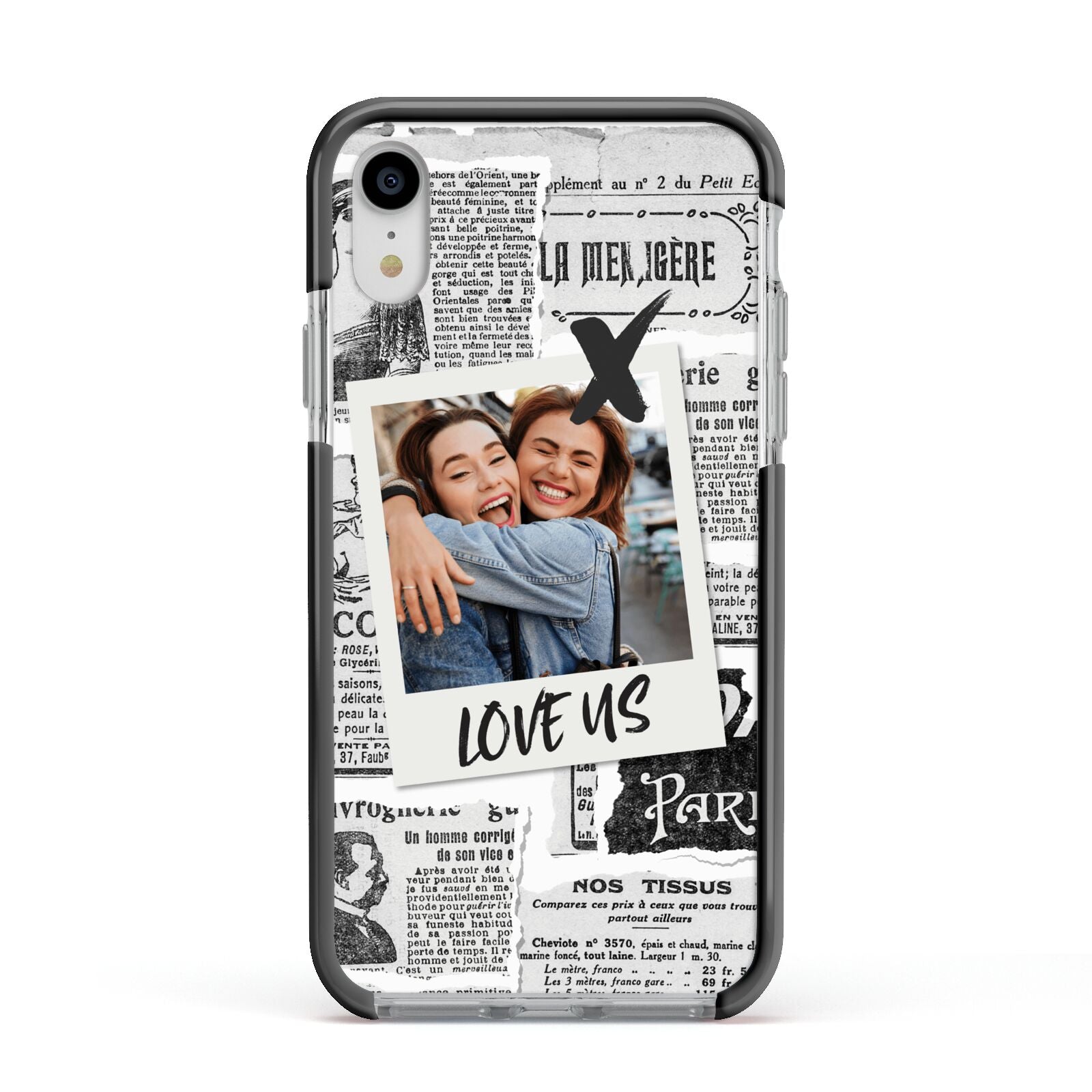 Newspaper Collage Photo Personalised Apple iPhone XR Impact Case Black Edge on Silver Phone