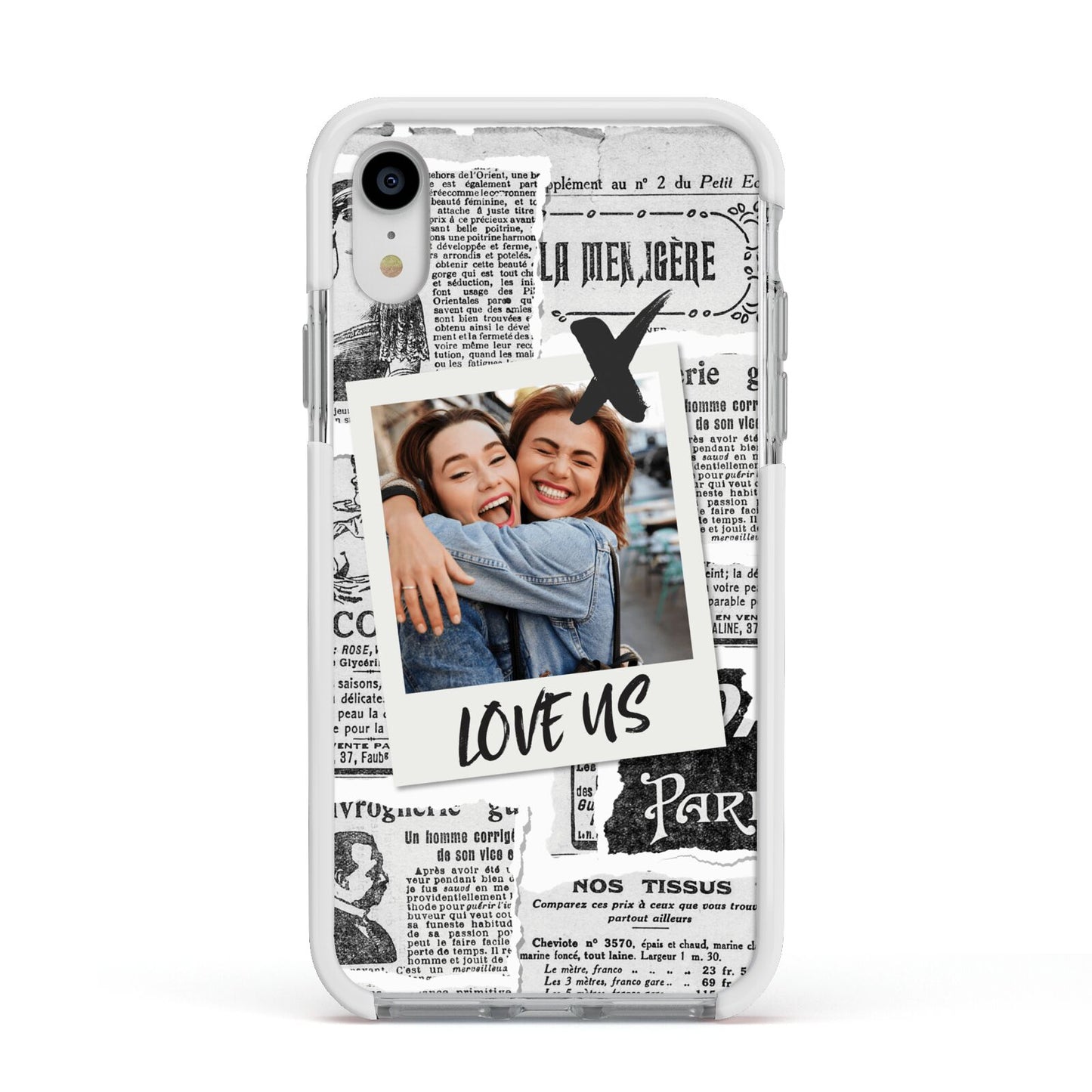 Newspaper Collage Photo Personalised Apple iPhone XR Impact Case White Edge on Silver Phone