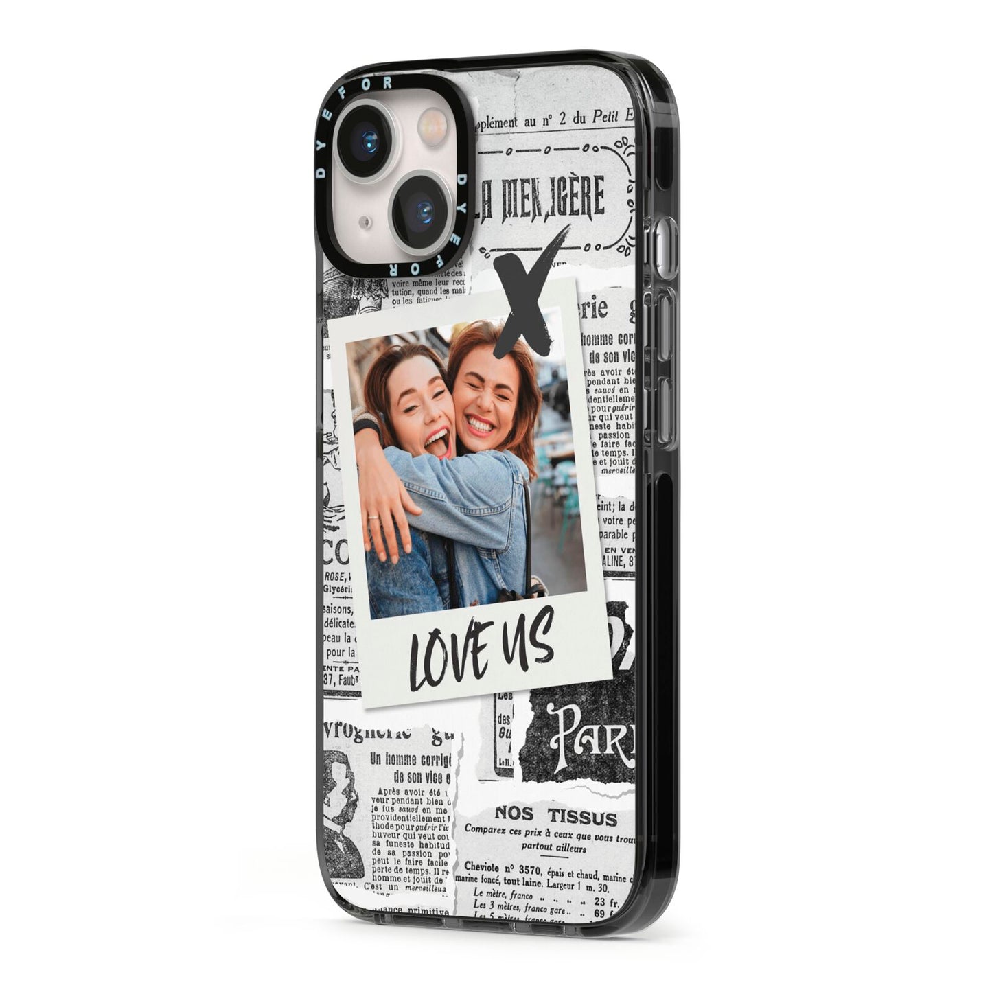 Newspaper Collage Photo Personalised iPhone 13 Black Impact Case Side Angle on Silver phone