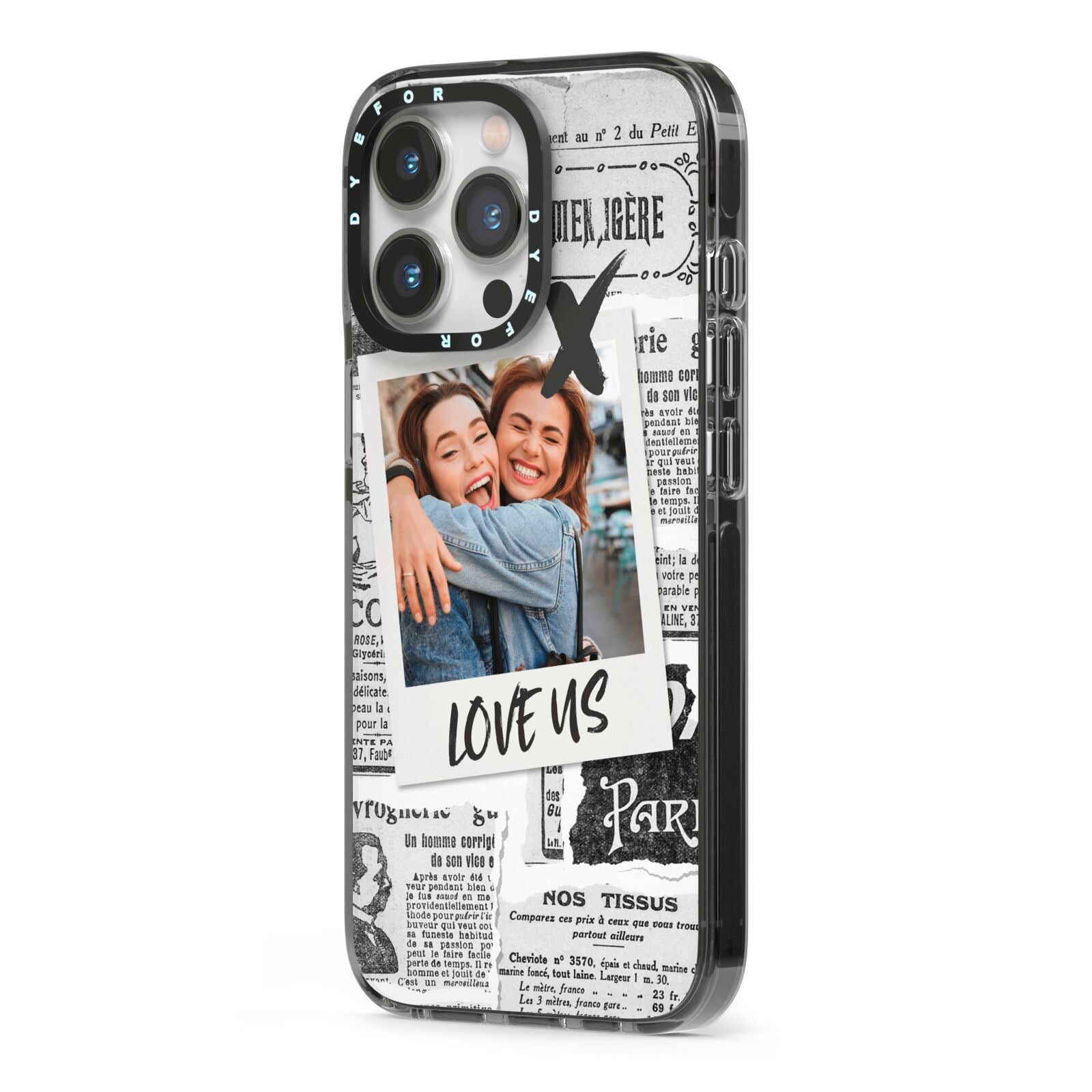 Newspaper Collage Photo Personalised iPhone 13 Pro Black Impact Case Side Angle on Silver phone