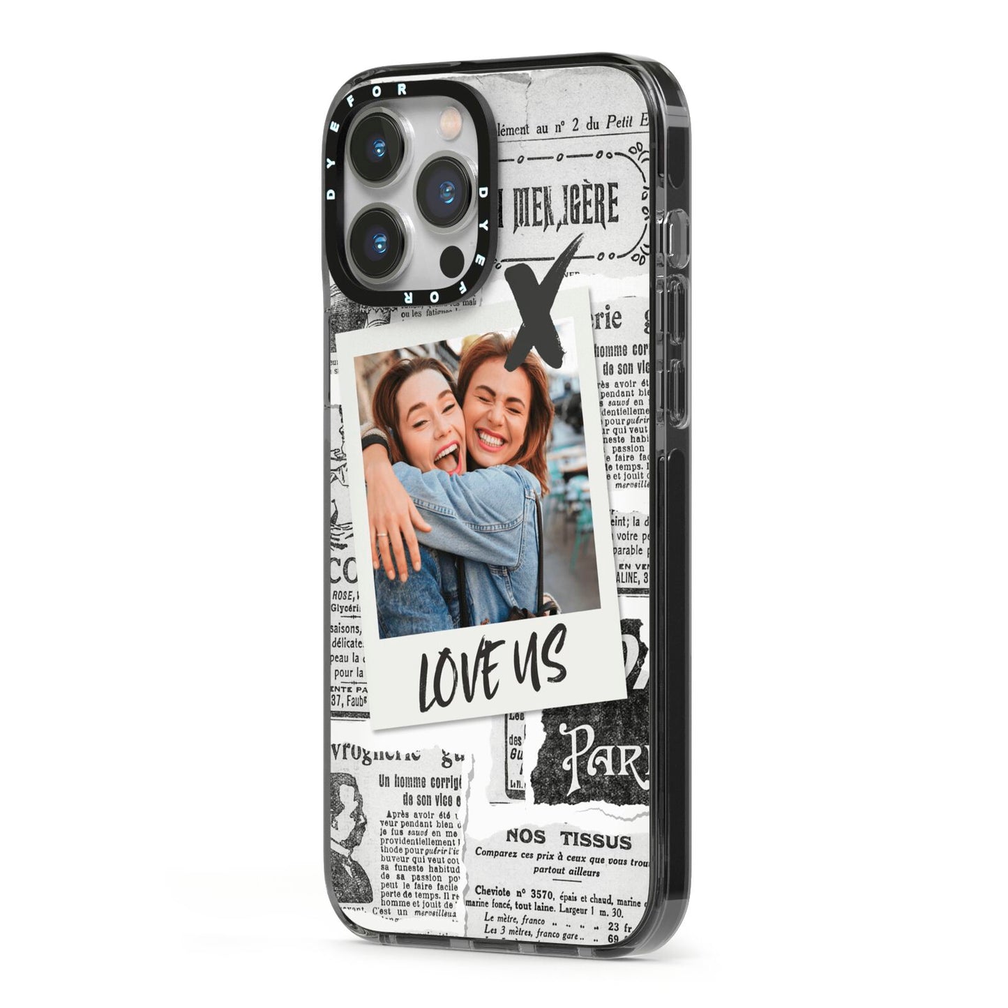 Newspaper Collage Photo Personalised iPhone 13 Pro Max Black Impact Case Side Angle on Silver phone