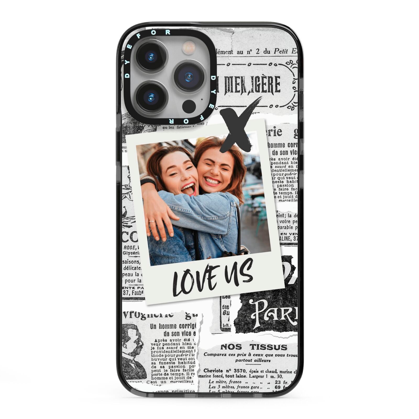 Newspaper Collage Photo Personalised iPhone 13 Pro Max Black Impact Case on Silver phone