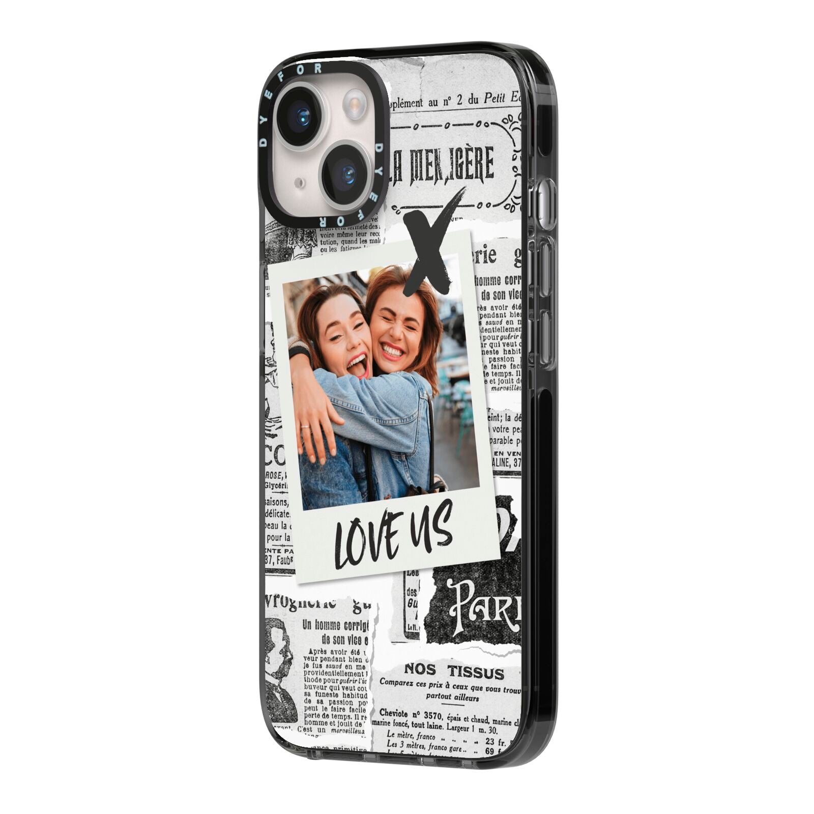 Newspaper Collage Photo Personalised iPhone 14 Black Impact Case Side Angle on Silver phone