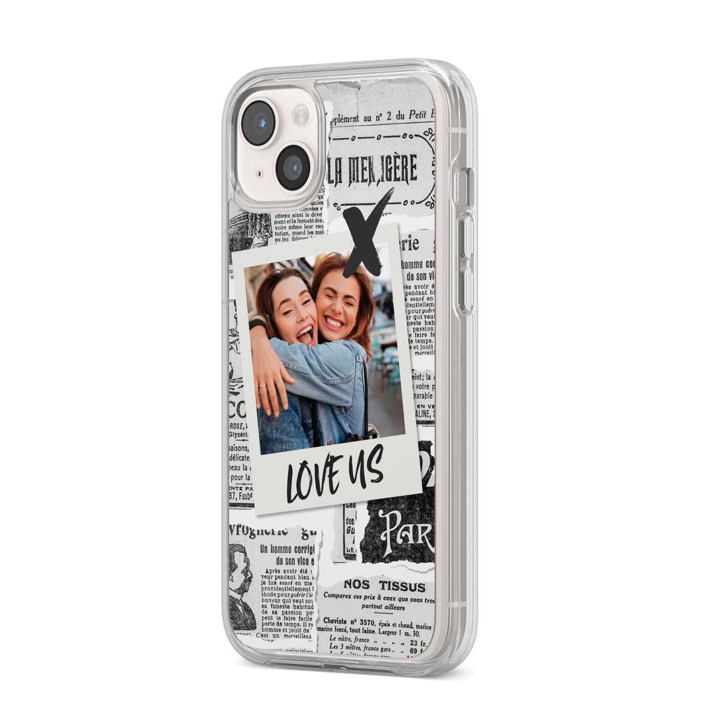 Newspaper Collage Photo Personalised iPhone 14 Plus Clear Tough Case Starlight Angled Image