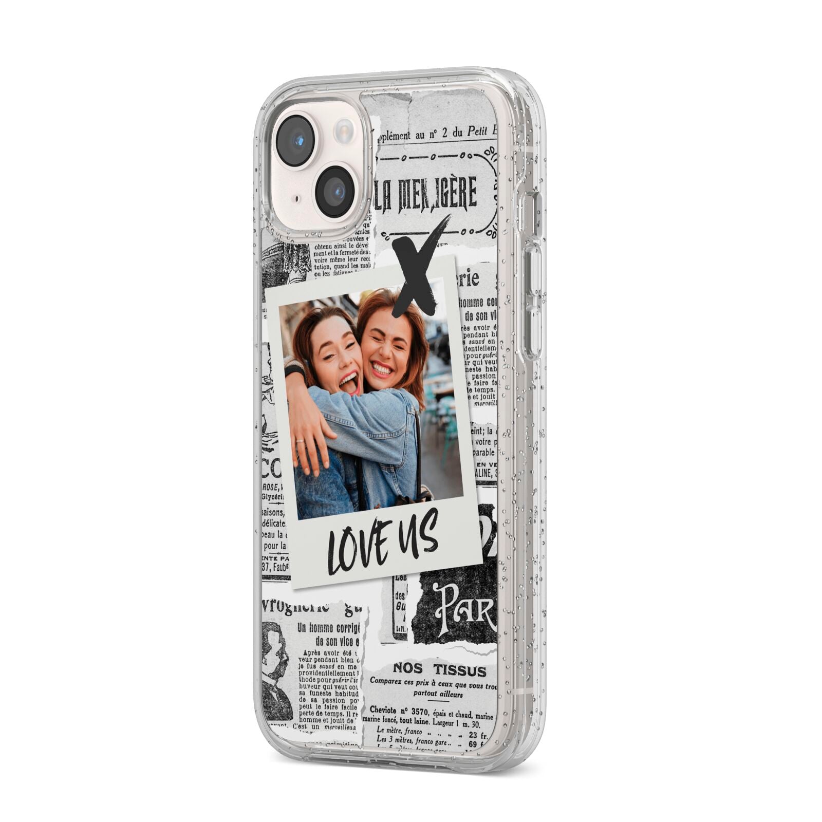 Newspaper Collage Photo Personalised iPhone 14 Plus Glitter Tough Case Starlight Angled Image