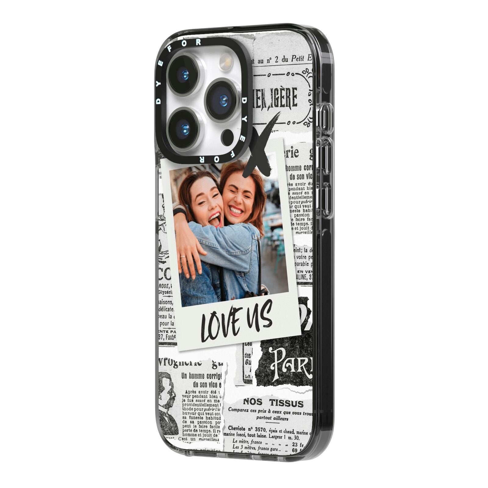 Newspaper Collage Photo Personalised iPhone 14 Pro Black Impact Case Side Angle on Silver phone