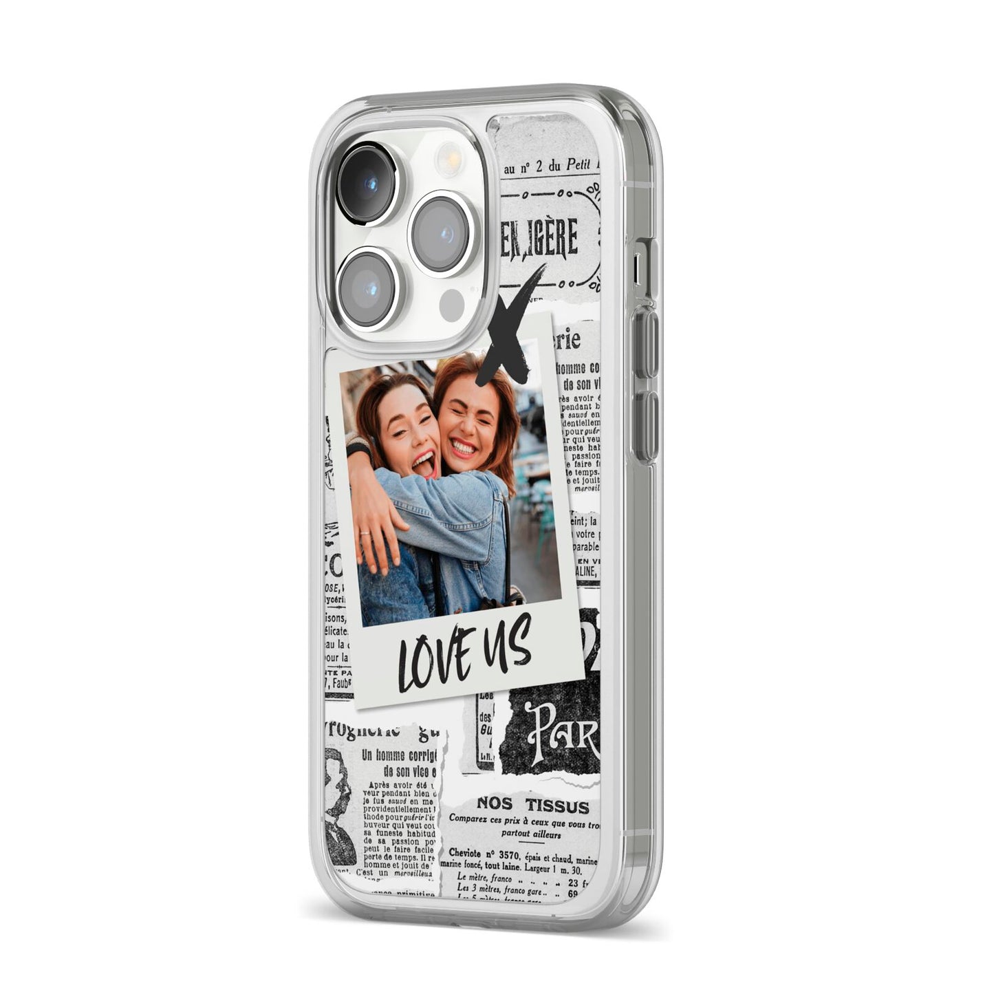 Newspaper Collage Photo Personalised iPhone 14 Pro Clear Tough Case Silver Angled Image