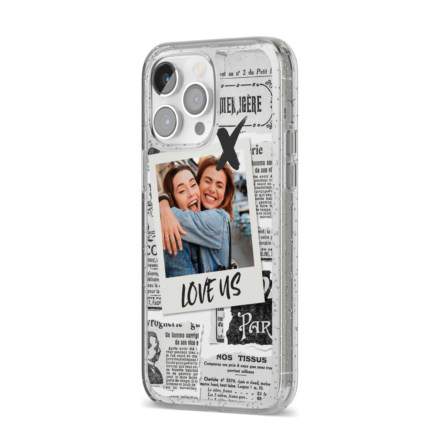Newspaper Collage Photo Personalised iPhone 14 Pro Max Glitter Tough Case Silver Angled Image