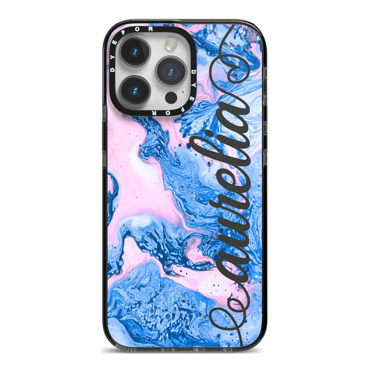 Ocean Blue and Pink Marble iPhone 14 Pro Max Black Impact Case on Silver phone