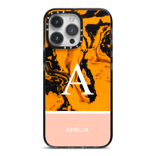 Orange Marble Personalised iPhone 14 Pro Max Black Impact Case on Silver phone