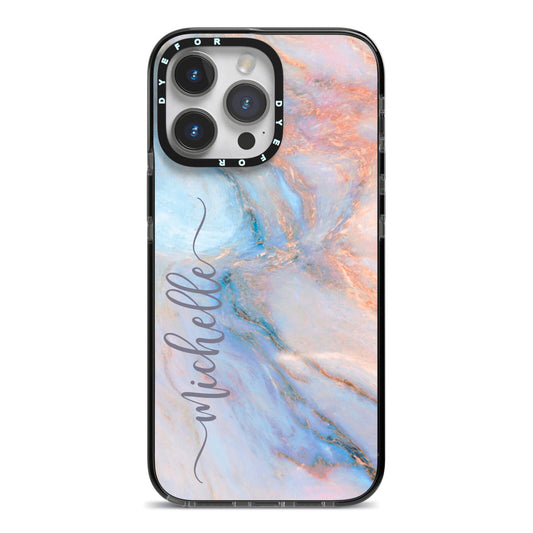Pale Blue And Pink Marble iPhone 14 Pro Max Black Impact Case on Silver phone