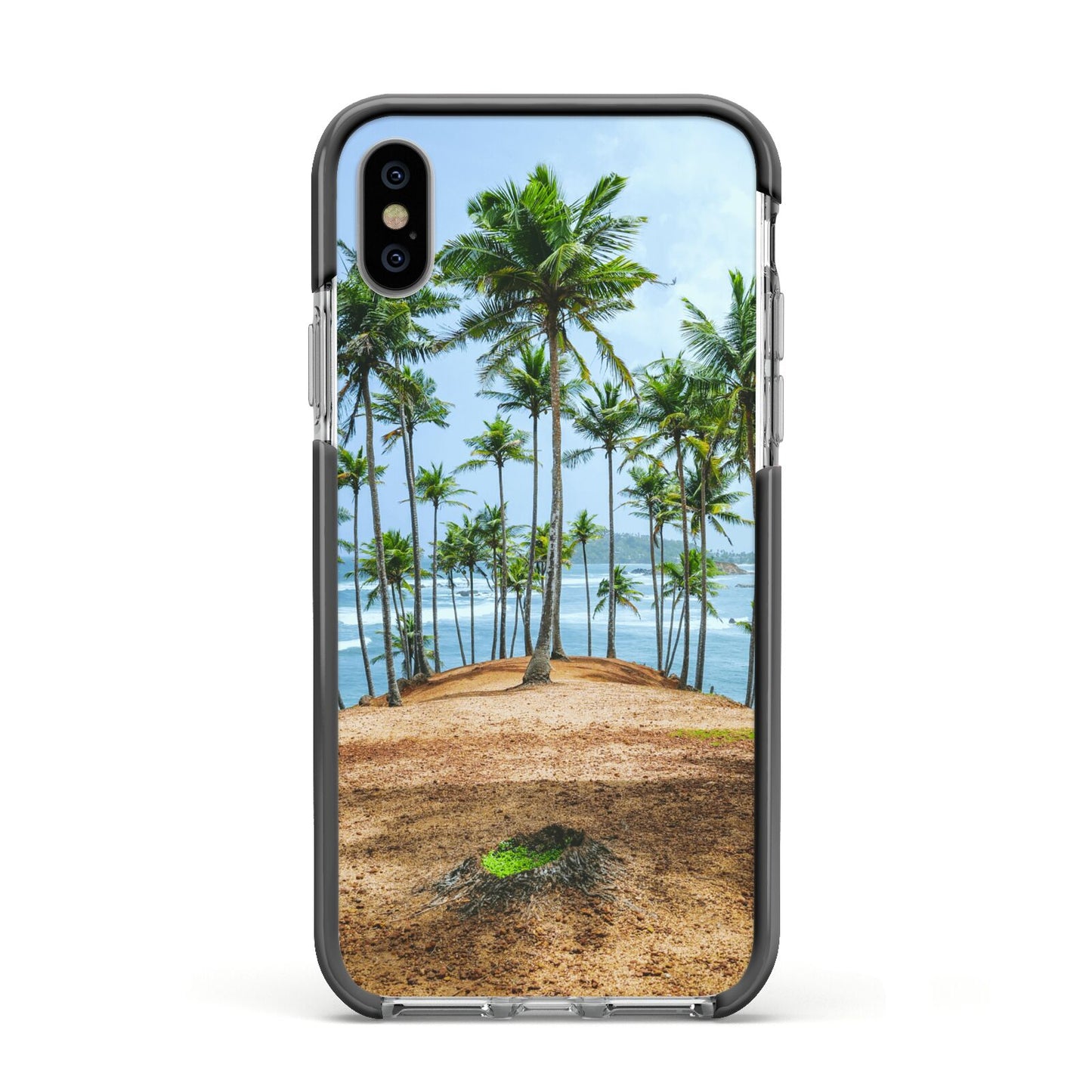 Palm Trees Apple iPhone Xs Impact Case Black Edge on Silver Phone