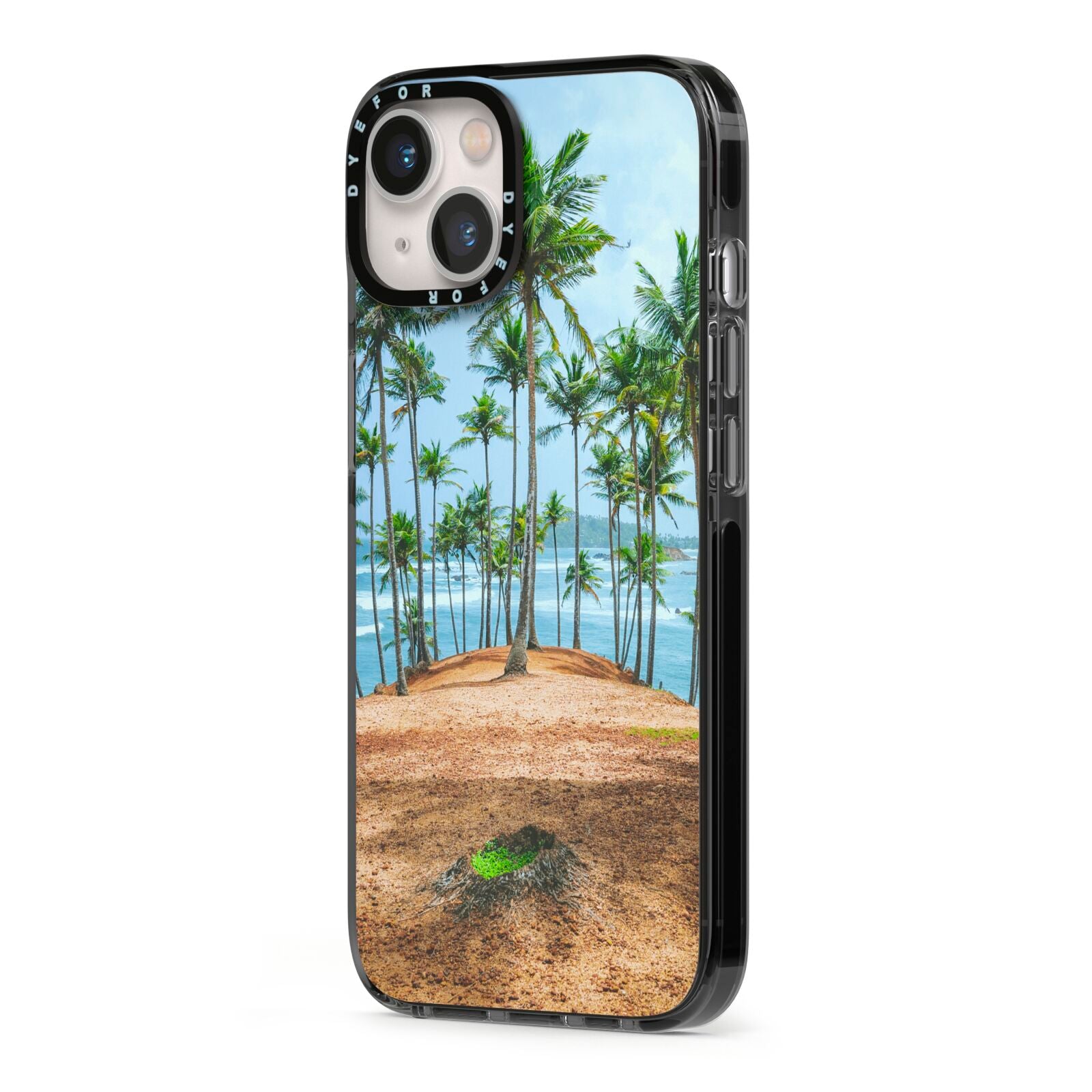 Palm Trees iPhone 13 Black Impact Case Side Angle on Silver phone