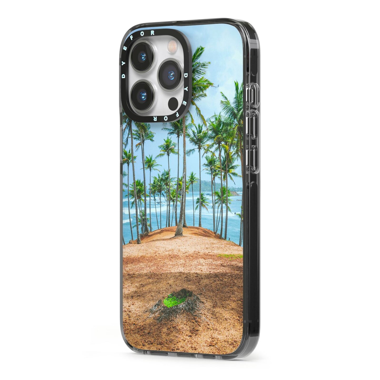 Palm Trees iPhone 13 Pro Black Impact Case Side Angle on Silver phone