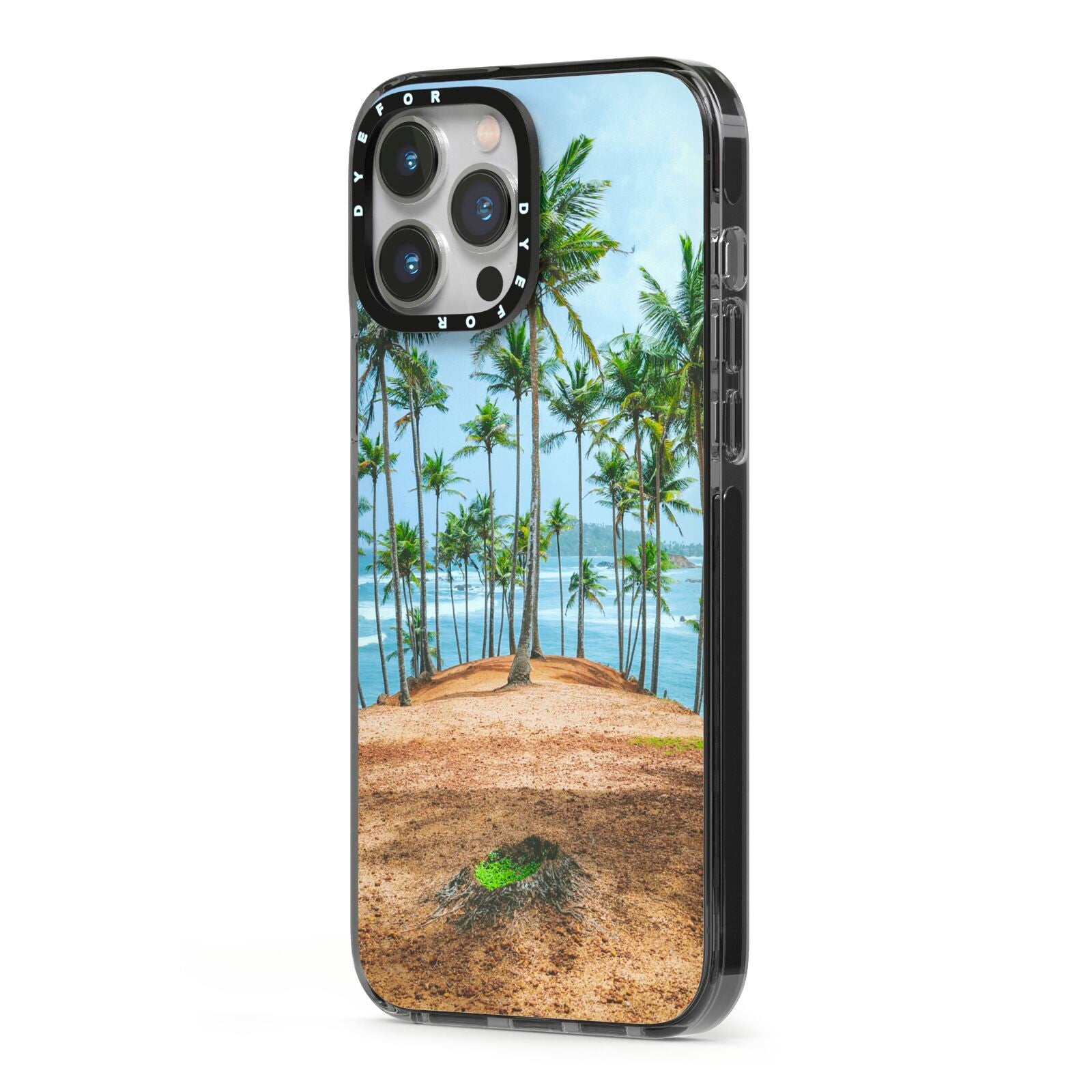 Palm Trees iPhone 13 Pro Max Black Impact Case Side Angle on Silver phone