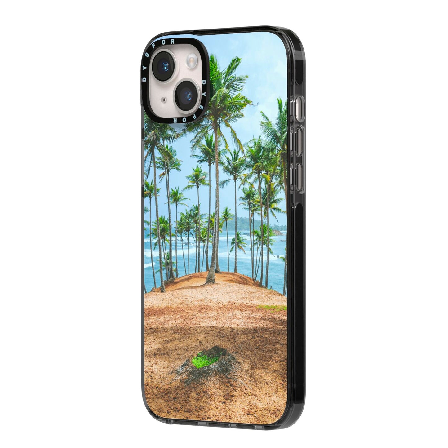 Palm Trees iPhone 14 Plus Black Impact Case Side Angle on Silver phone