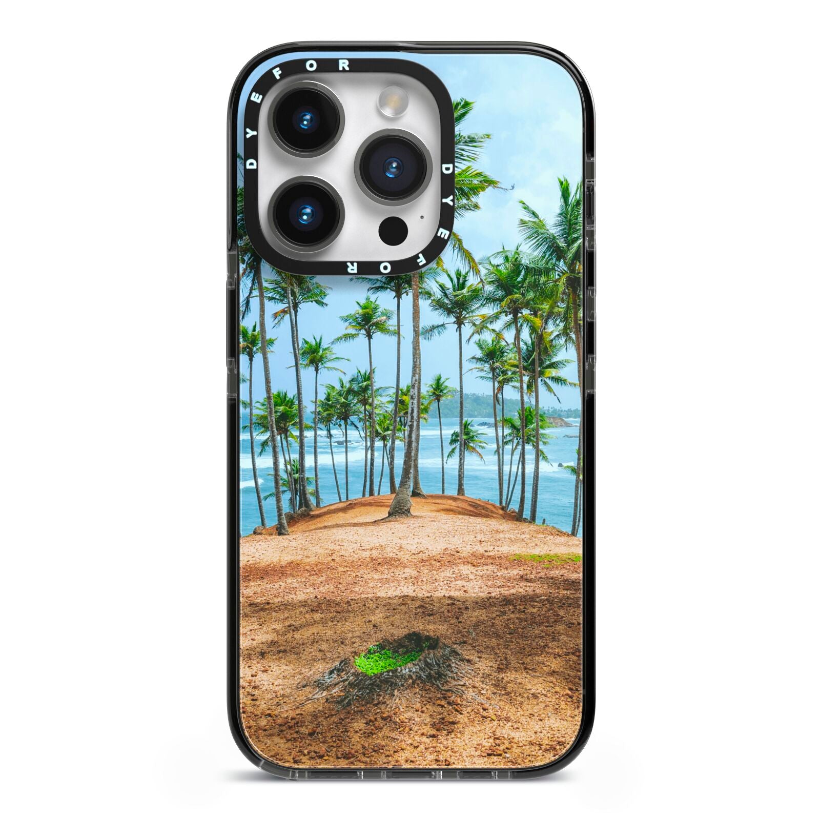 Palm Trees iPhone 14 Pro Black Impact Case on Silver phone