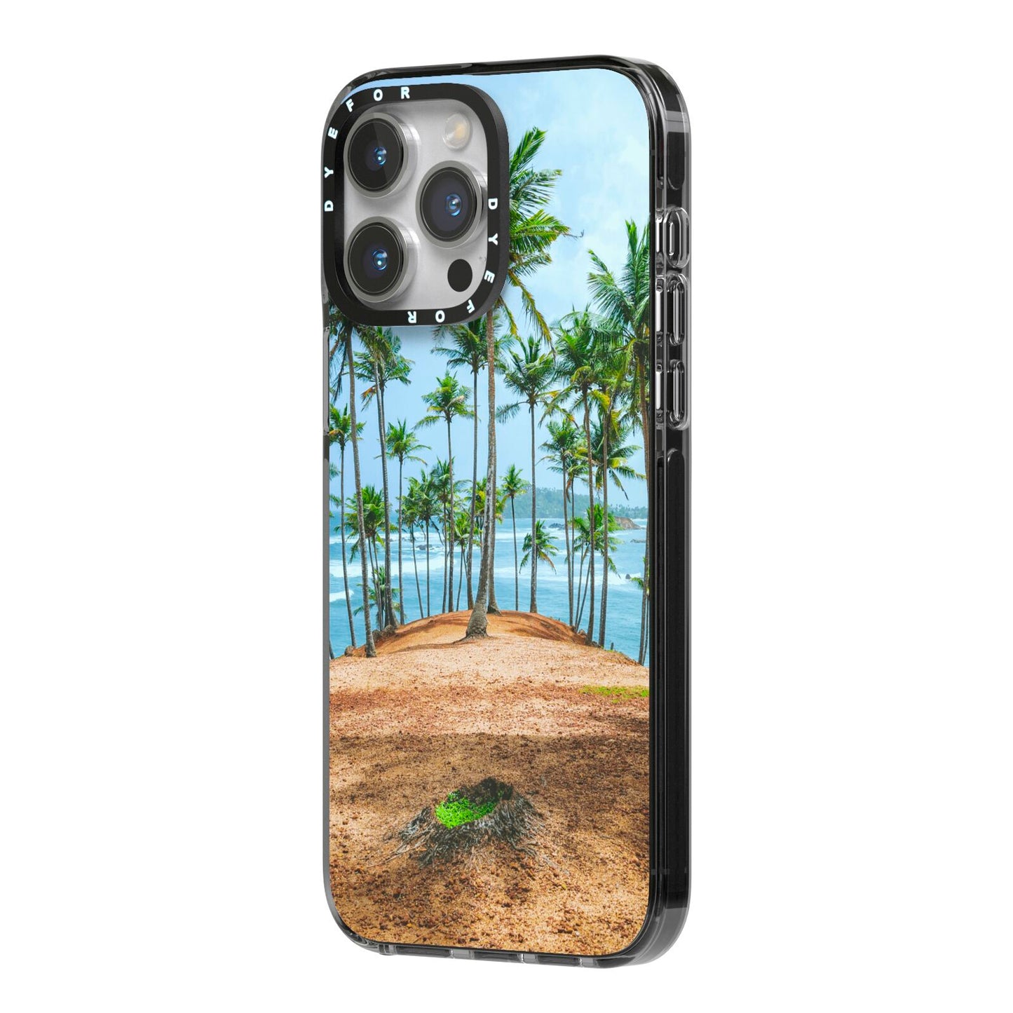 Palm Trees iPhone 14 Pro Max Black Impact Case Side Angle on Silver phone