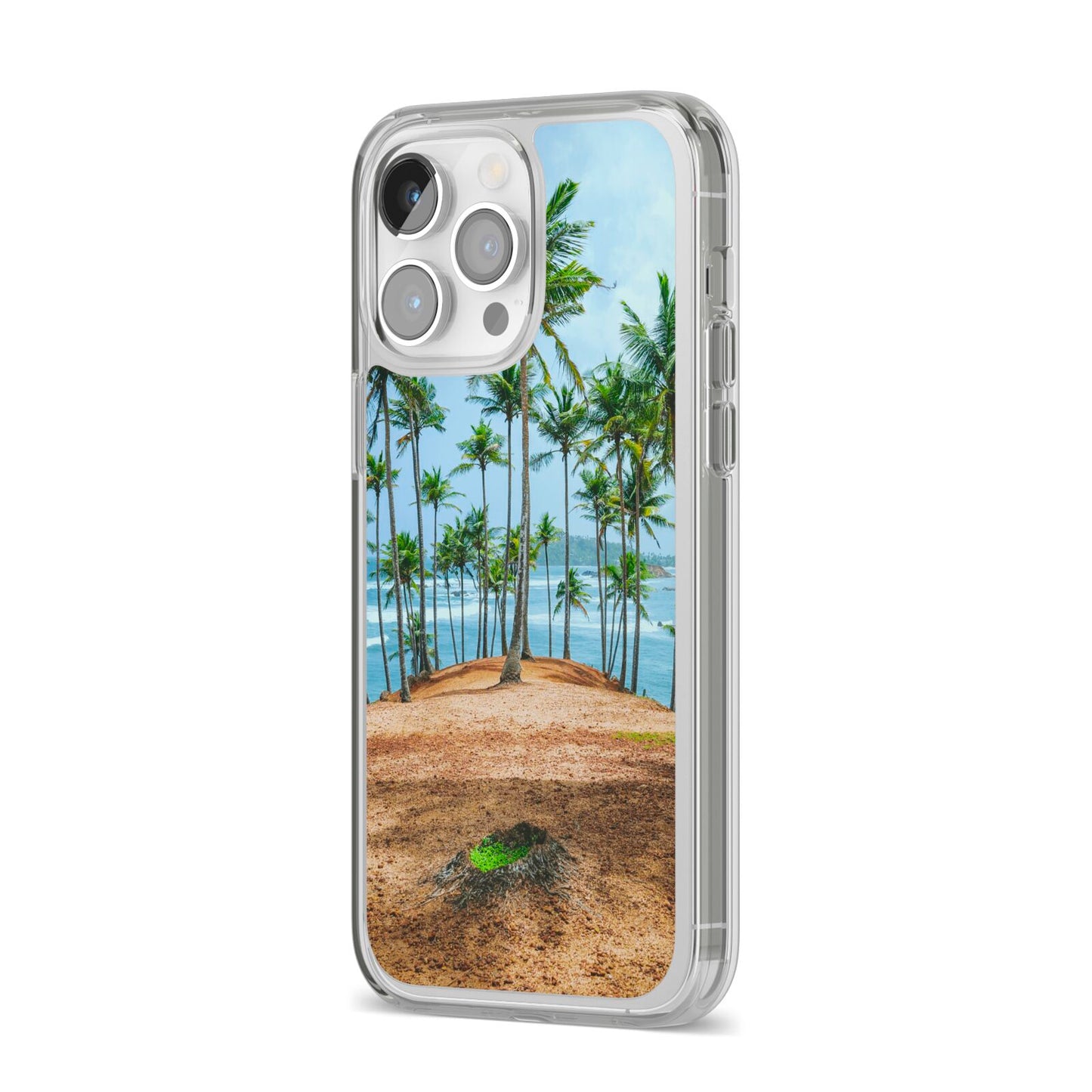 Palm Trees iPhone 14 Pro Max Clear Tough Case Silver Angled Image