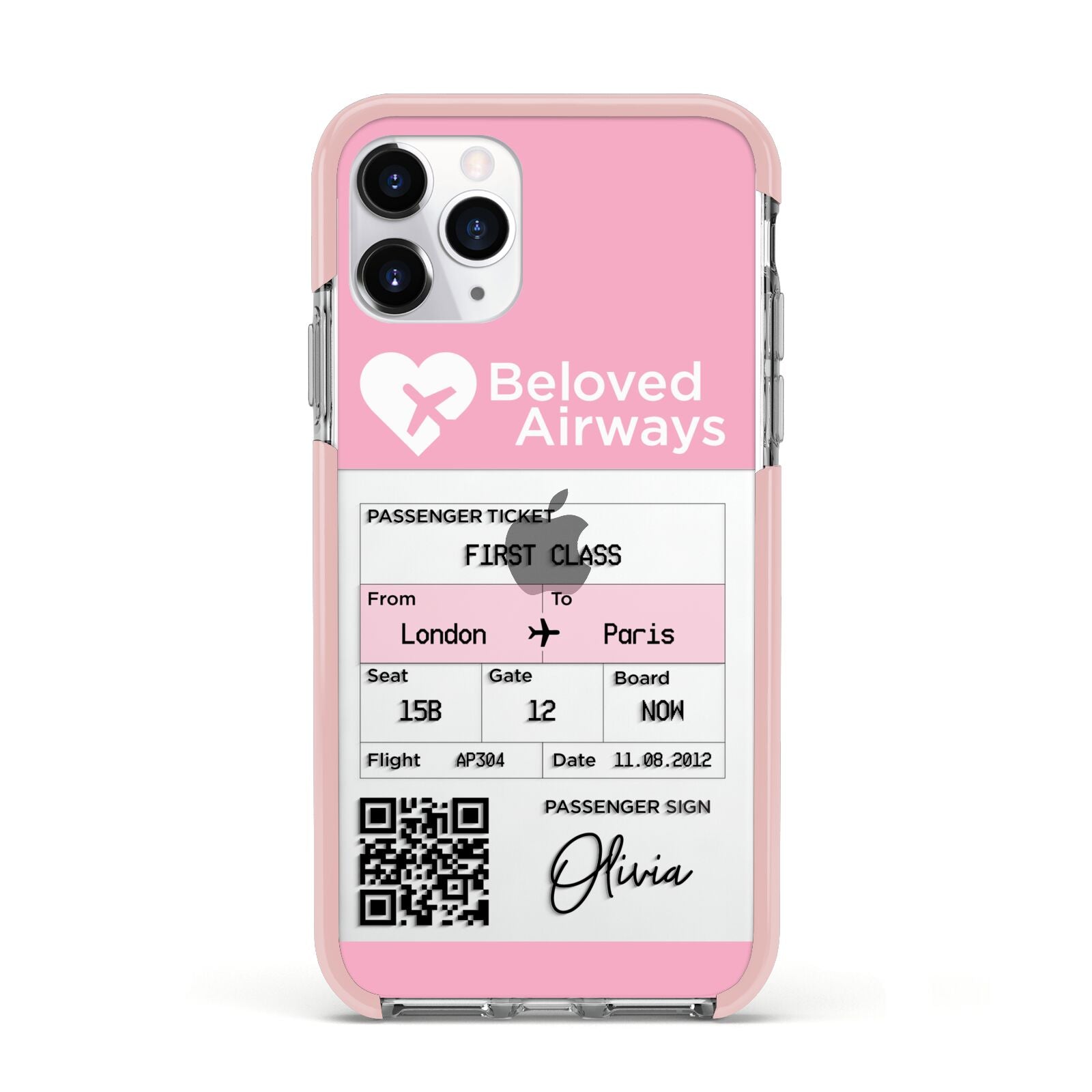 Personalised Aeroplane Ticket Apple iPhone 11 Pro in Silver with Pink Impact Case