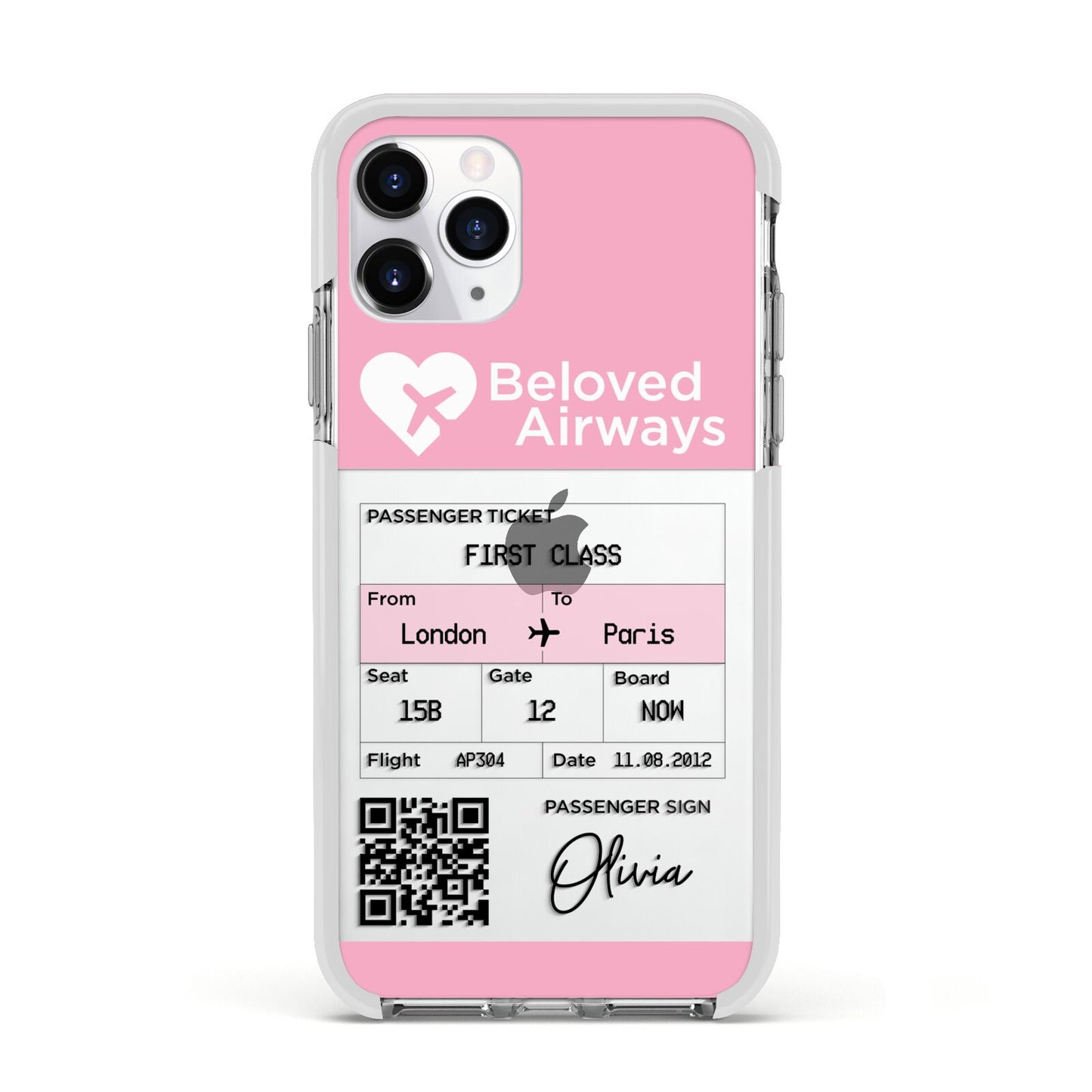 Personalised Aeroplane Ticket Apple iPhone 11 Pro in Silver with White Impact Case