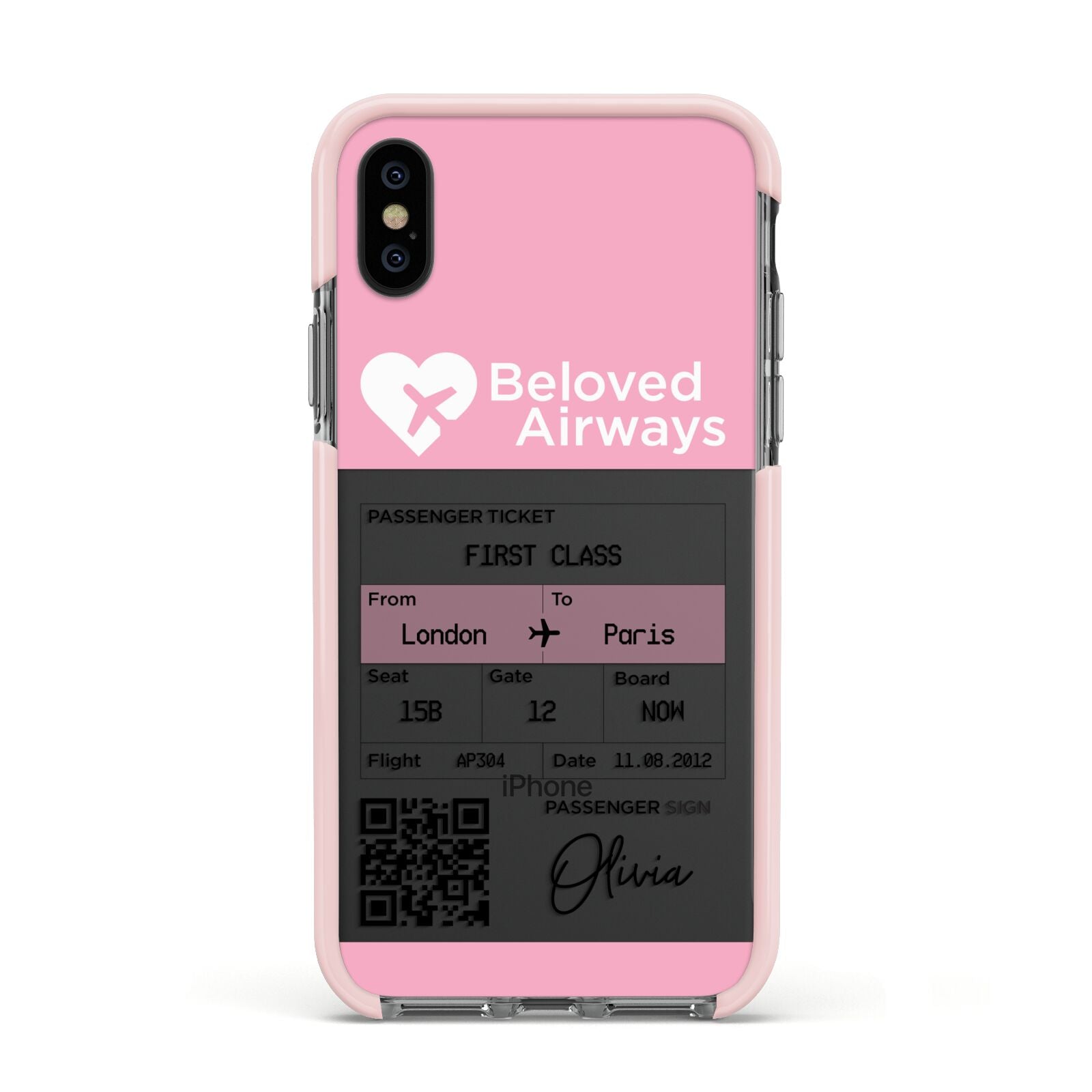 Personalised Aeroplane Ticket Apple iPhone Xs Impact Case Pink Edge on Black Phone
