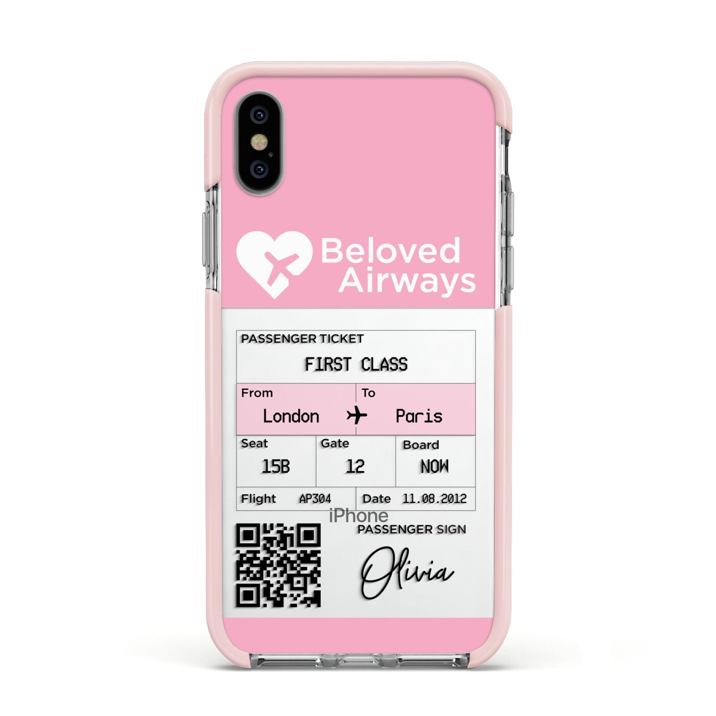 Personalised Aeroplane Ticket Apple iPhone Xs Impact Case Pink Edge on Silver Phone