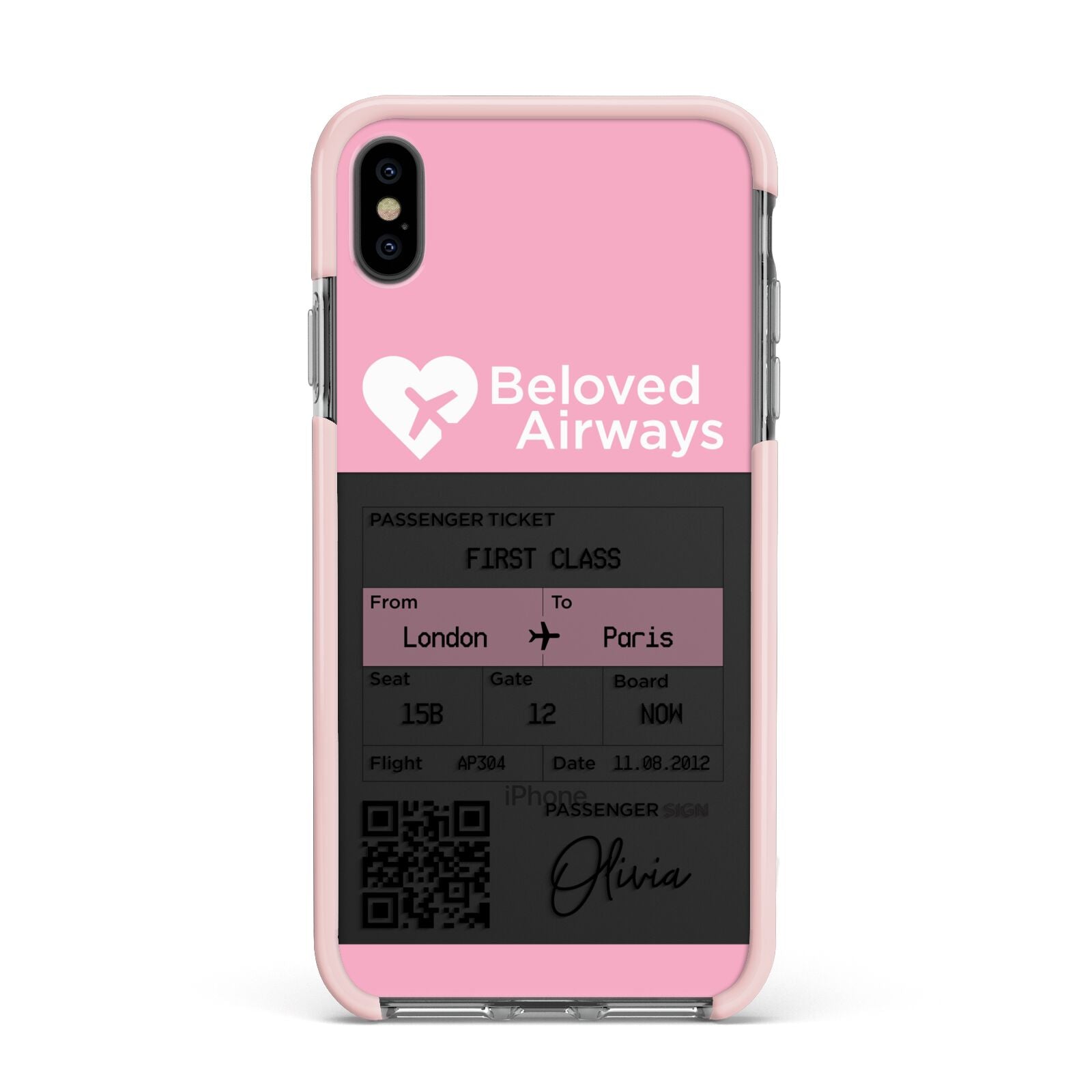 Personalised Aeroplane Ticket Apple iPhone Xs Max Impact Case Pink Edge on Black Phone
