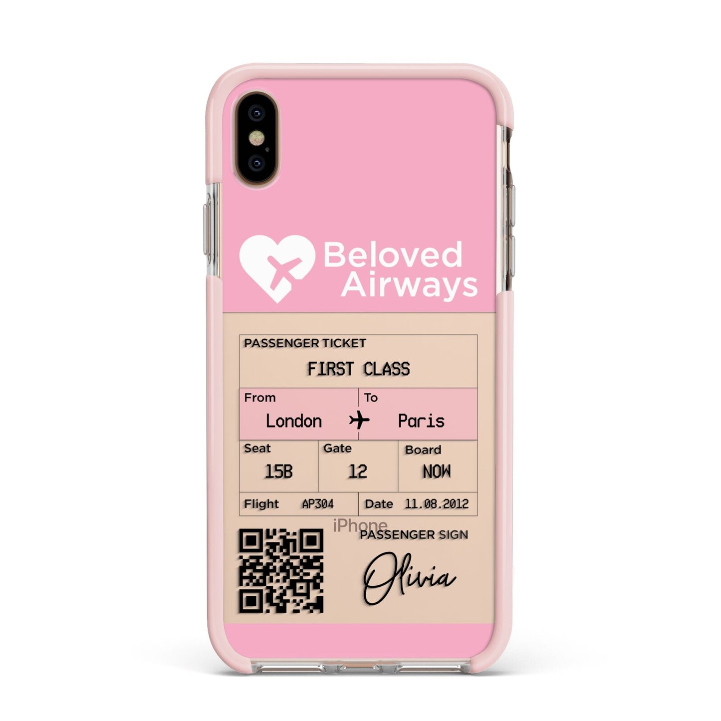 Personalised Aeroplane Ticket Apple iPhone Xs Max Impact Case Pink Edge on Gold Phone