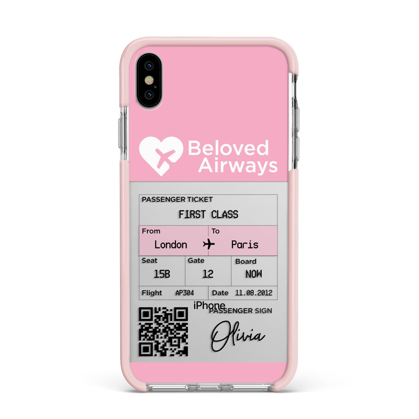 Personalised Aeroplane Ticket Apple iPhone Xs Max Impact Case Pink Edge on Silver Phone