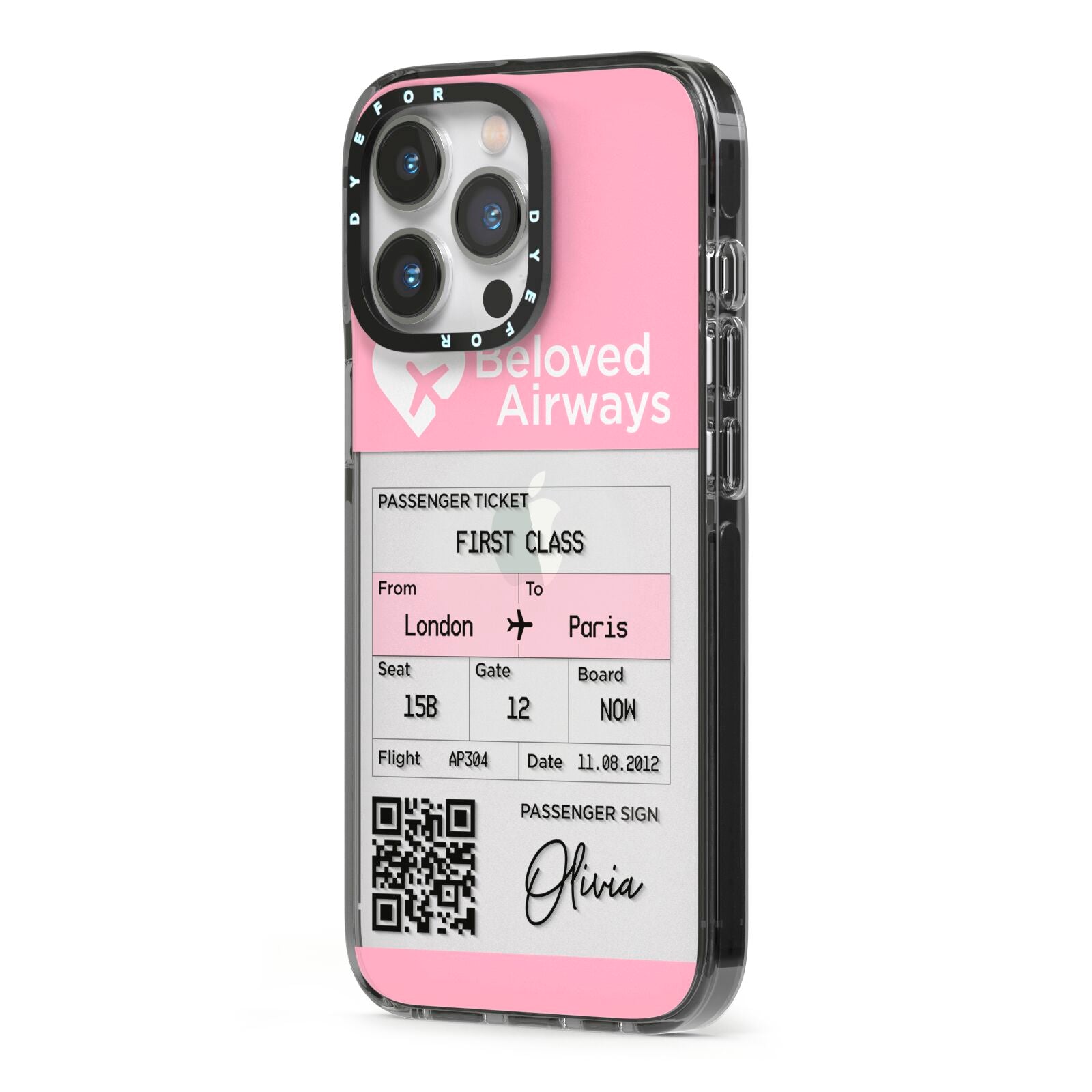 Personalised Aeroplane Ticket iPhone 13 Pro Black Impact Case Side Angle on Silver phone