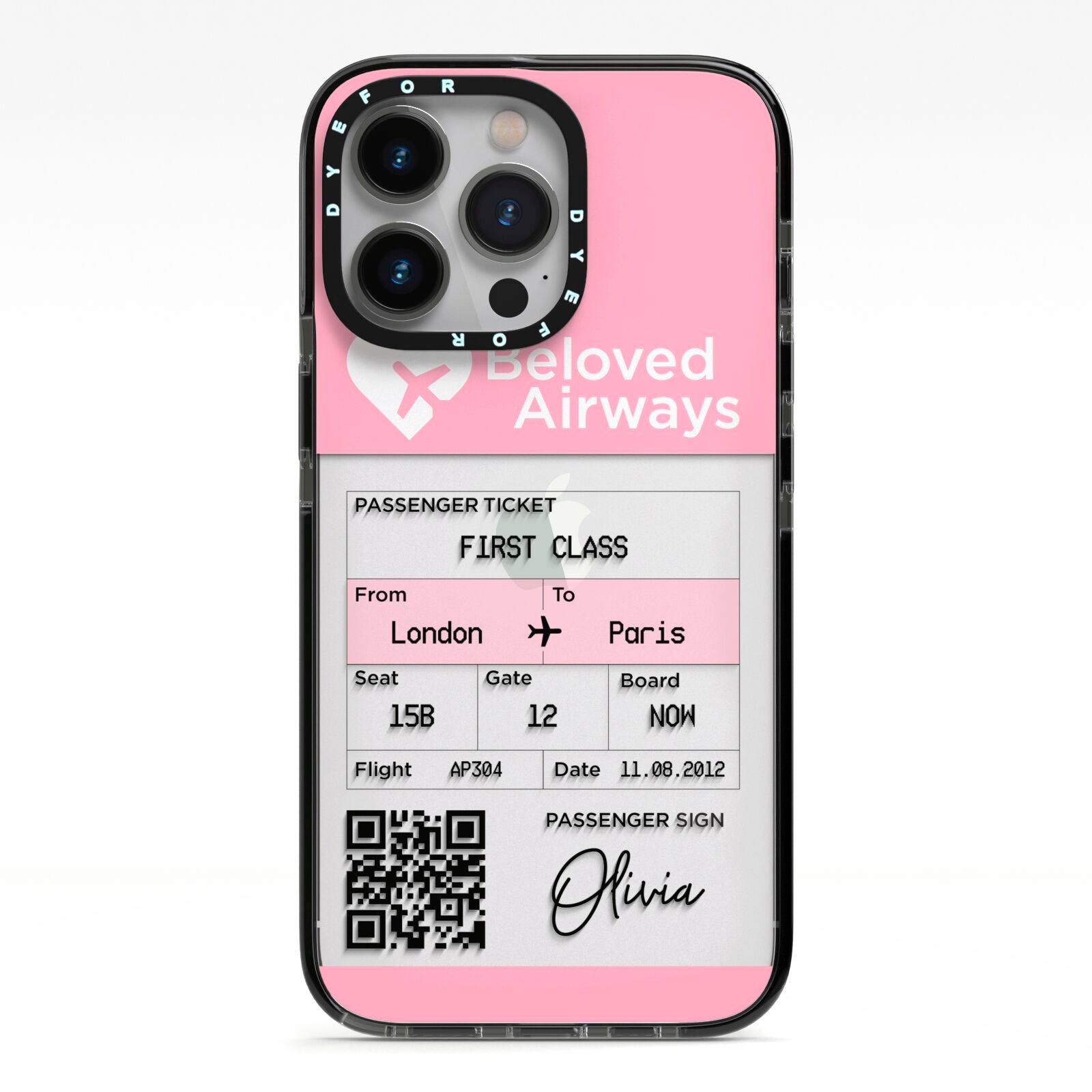 Personalised Aeroplane Ticket iPhone 13 Pro Black Impact Case on Silver phone