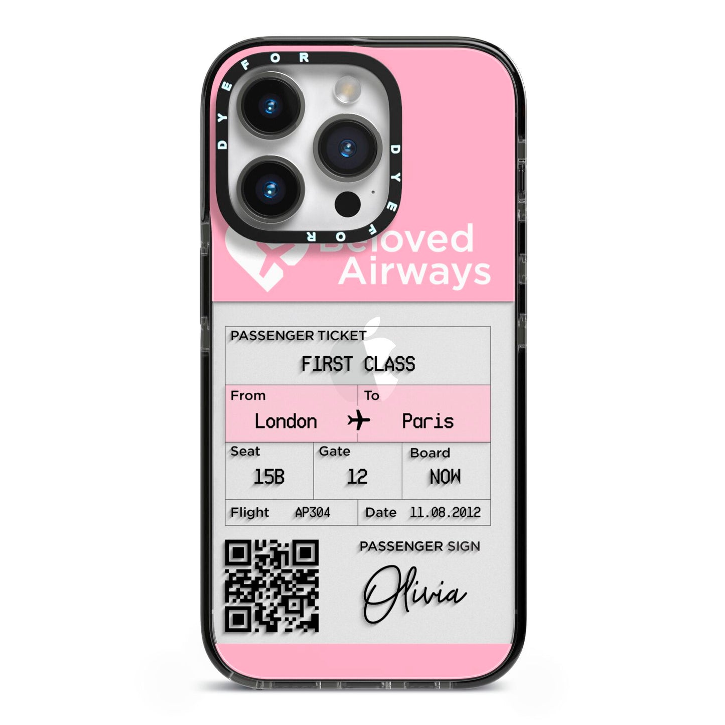 Personalised Aeroplane Ticket iPhone 14 Pro Black Impact Case on Silver phone