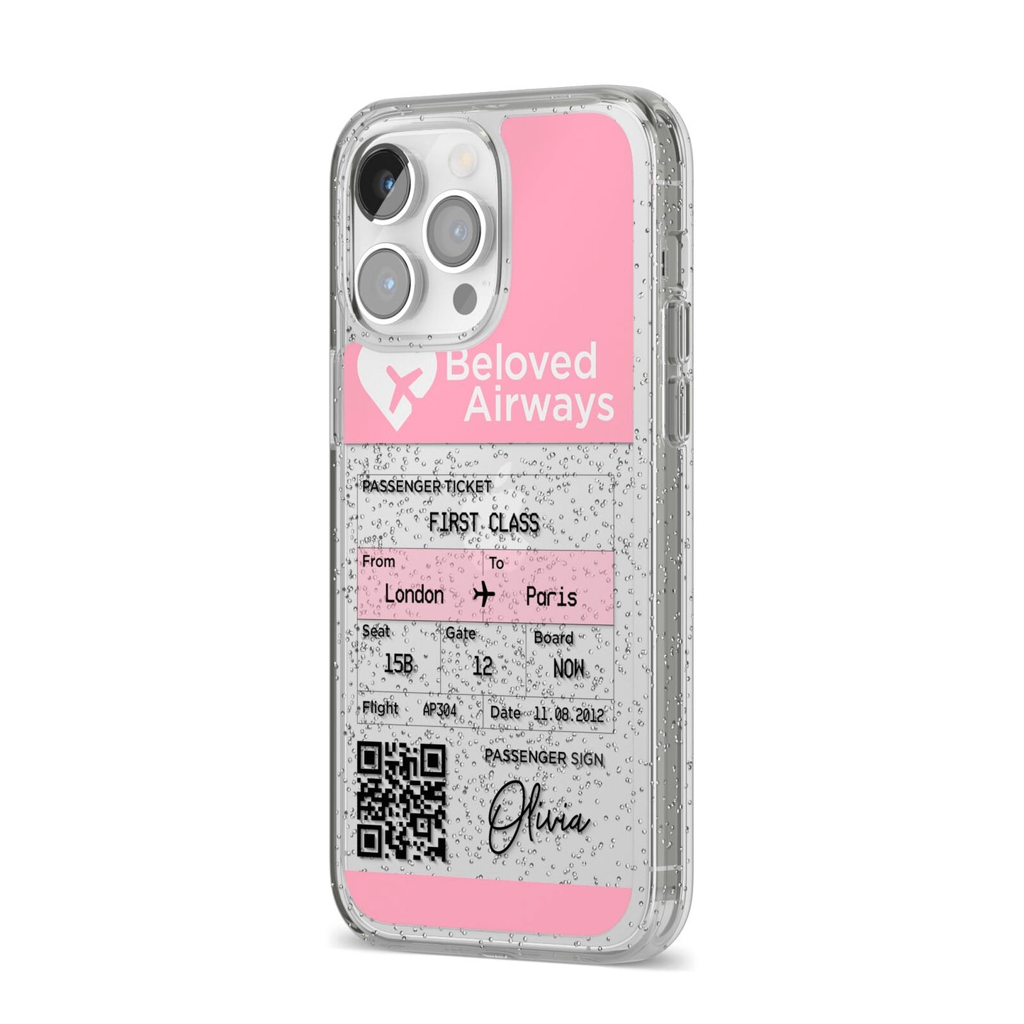 Personalised Aeroplane Ticket iPhone 14 Pro Max Glitter Tough Case Silver Angled Image