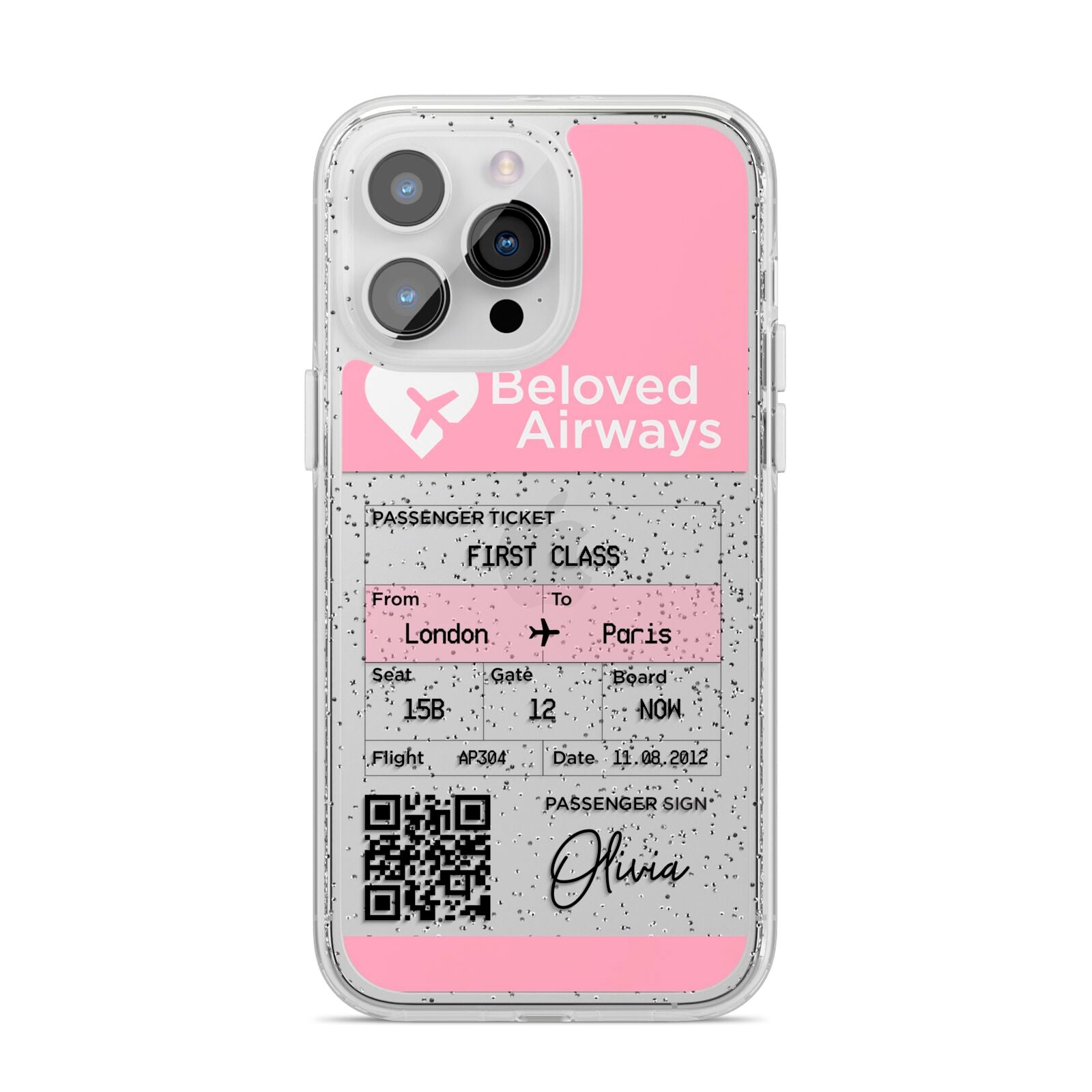 Personalised Aeroplane Ticket iPhone 14 Pro Max Glitter Tough Case Silver